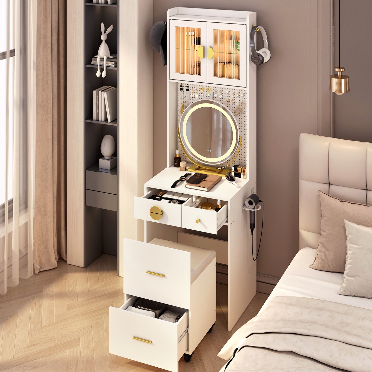 HSUNNS Small Vanity Desk with Round Mirror and LED Light, Modern Makeup Desk with Drawers, Upholstered Stool with Drawers, Charging Station, 3 Hooks, Storage Shelves,Hair Dryer Rack, White