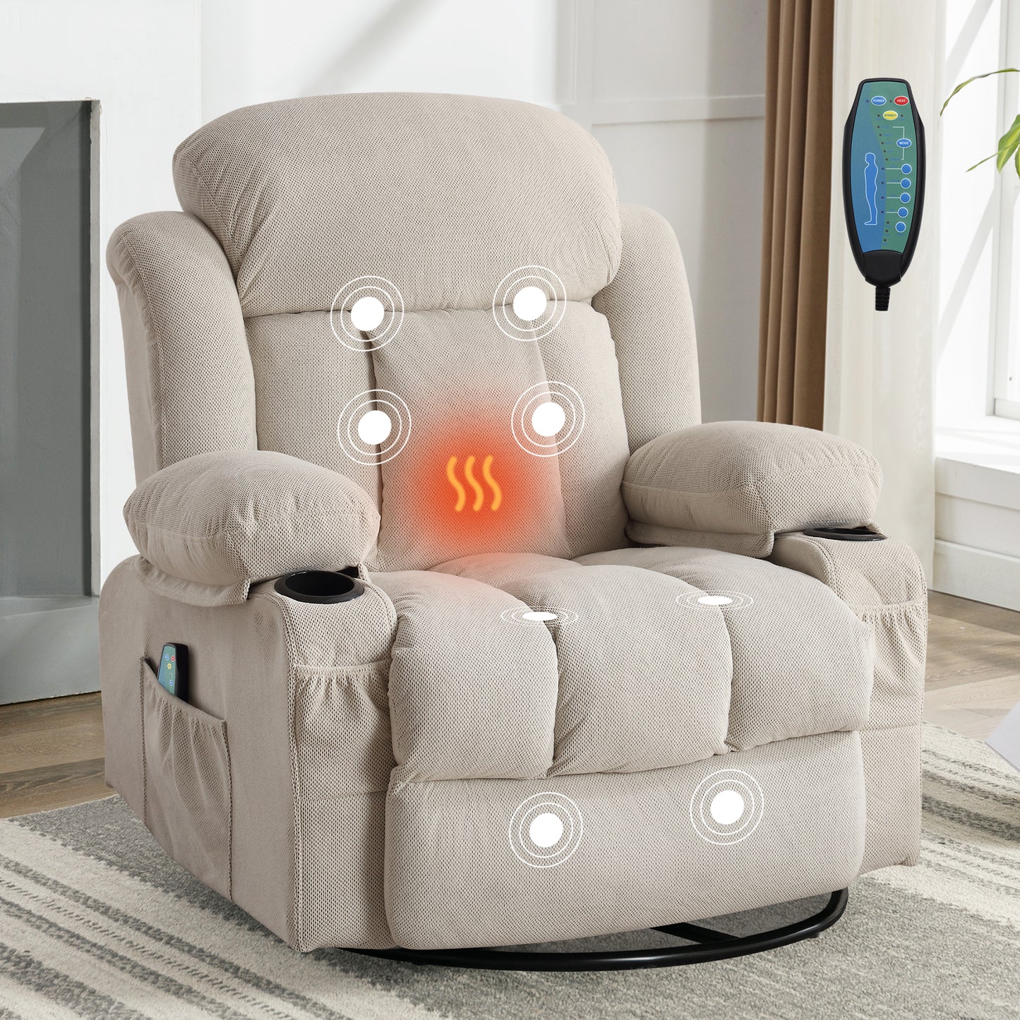HSUNNS Oversized Recliner Chair, 360° Swivel Rocker Reclining Chair with Massage and Heat Function, USB, Cup Holders and Side Pockets, Living Room Single Sofa Seat Nursery Lounge Chair, Gray