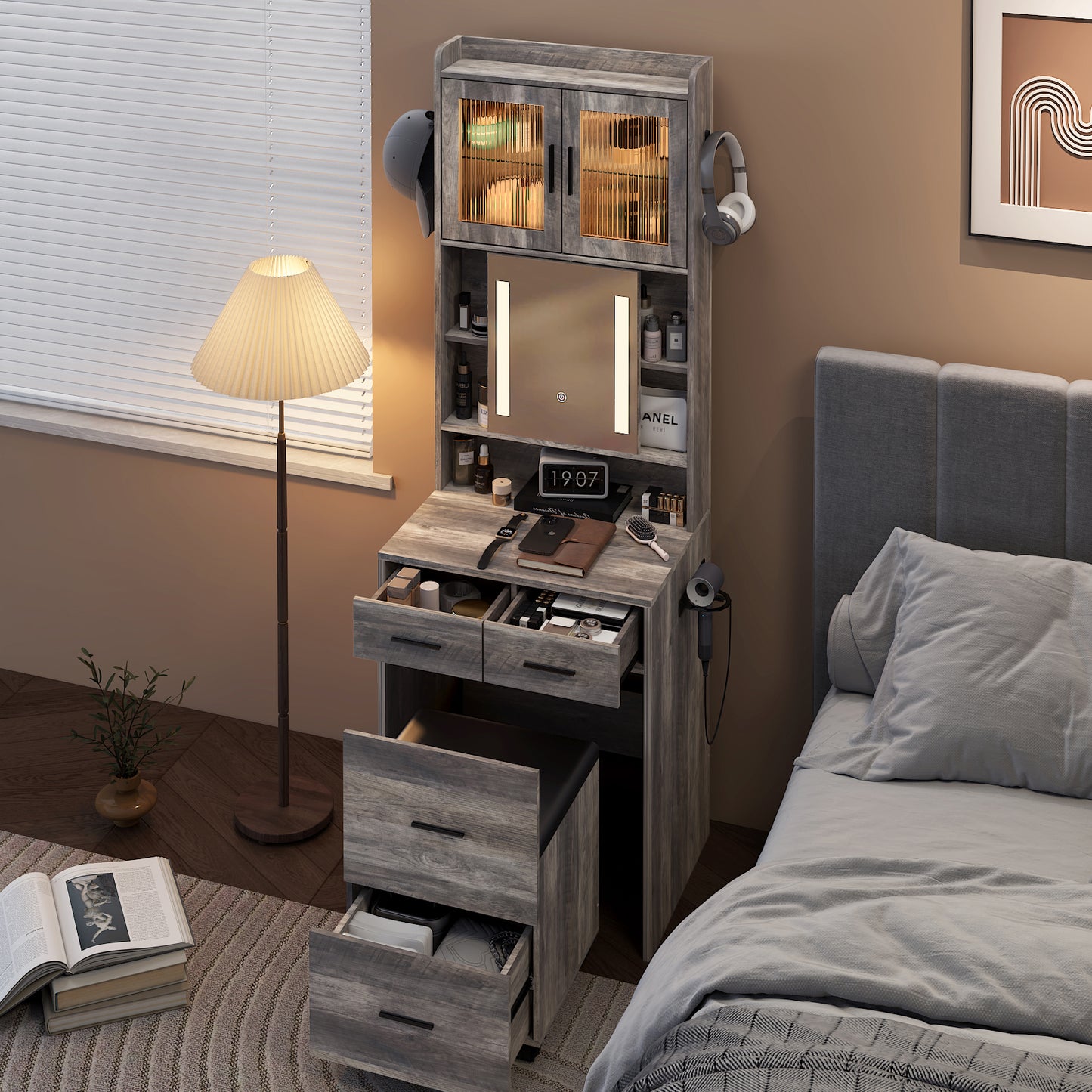 HSUNNS Small Vanity Desk with Sliding Mirror and LED Light, Modern Makeup Vanity with Charging Station and Hair Dryer Rack, Makeup Desk with Rolling Stool That with 2 Drawers, White