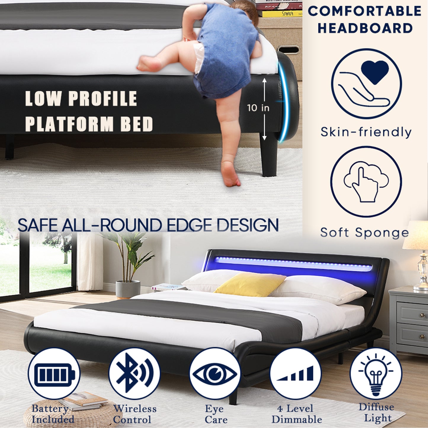 HSUNNS King Size Platform Bed Frame with Tufted Upholstered Headboard and Wooden Slats Support, Fully Upholstered Bedroom Furniture, Wood Legs, No Box Spring Needed, Easy Assembly, Black