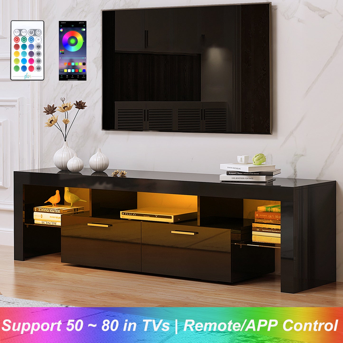 TV Stand for 80“ TVs, HSUNNS High Glossy Front Entertainment Centers TV Cabinet with 16 RGB Lights, Modern TV Media Furniture for Living Room Bedroom, 20min Quick Assemble