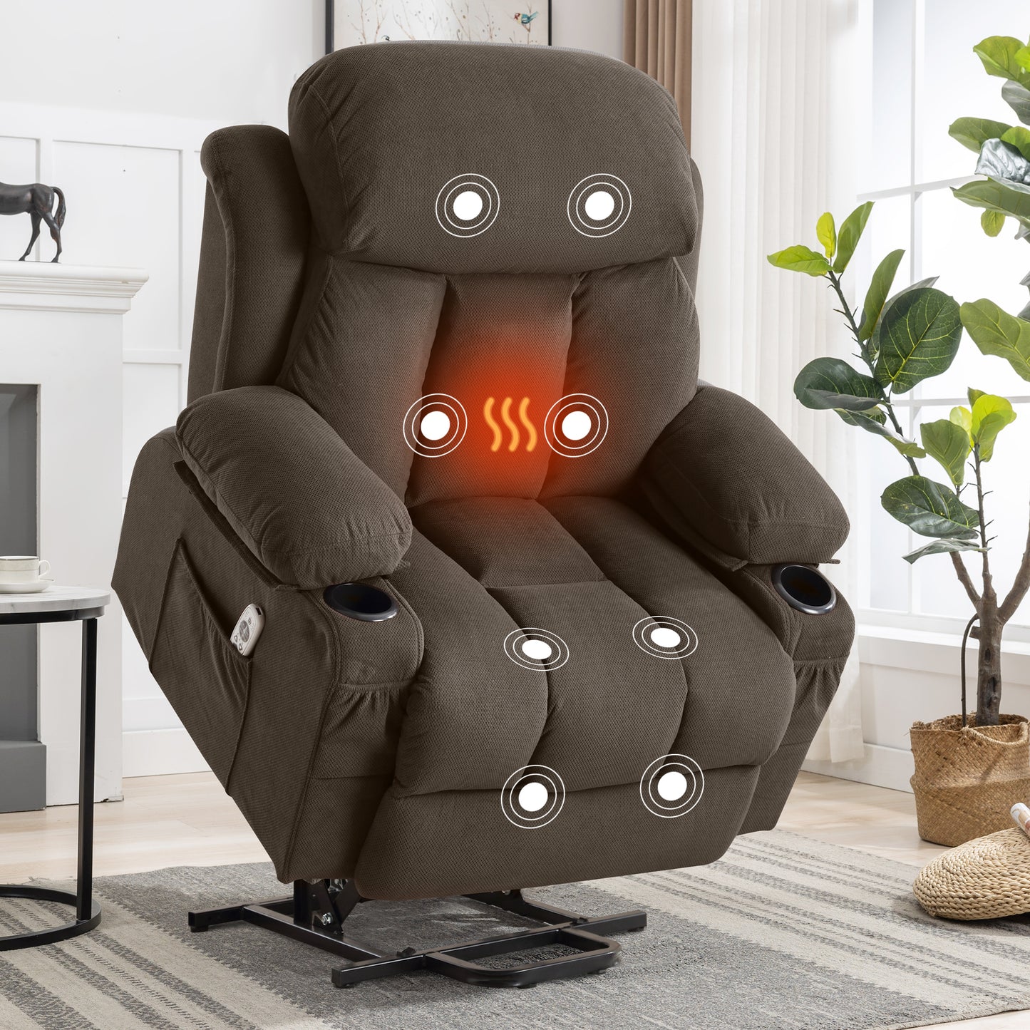 HSUNNS Power Lift Recliner Chair for Living Room, Modern Reclining Sofa with Heat and Vibration Massage, USB Charge Port and Cup Holders, Oversized Velvet Reclining Sofa for Bedroom, Grey