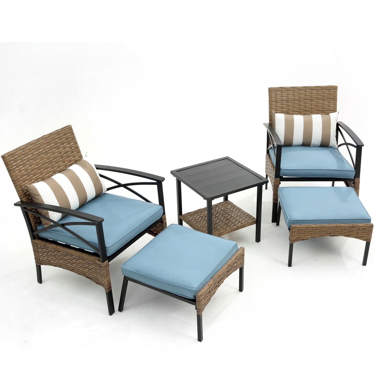 Patio Chairs with Ottomans Set of 2, HSUNNS 5 Piece Balcony Furniture Wicker Patio Chairs with Side Table Set, Cushioned Outdoor Lounge Chair in Black Metal Frame, Blue Remove Cushions