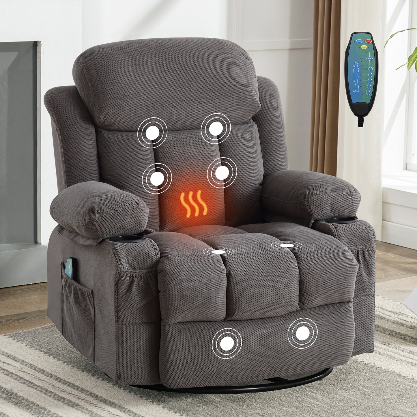 SYNGAR Oversized Recliner Chair, 360° Swivel Rocker Reclining Chair with Massage and Heat Function, USB, Cup Holders and Side Pockets, Living Room Single Sofa Seat Nursery Lounge Chair, Gray