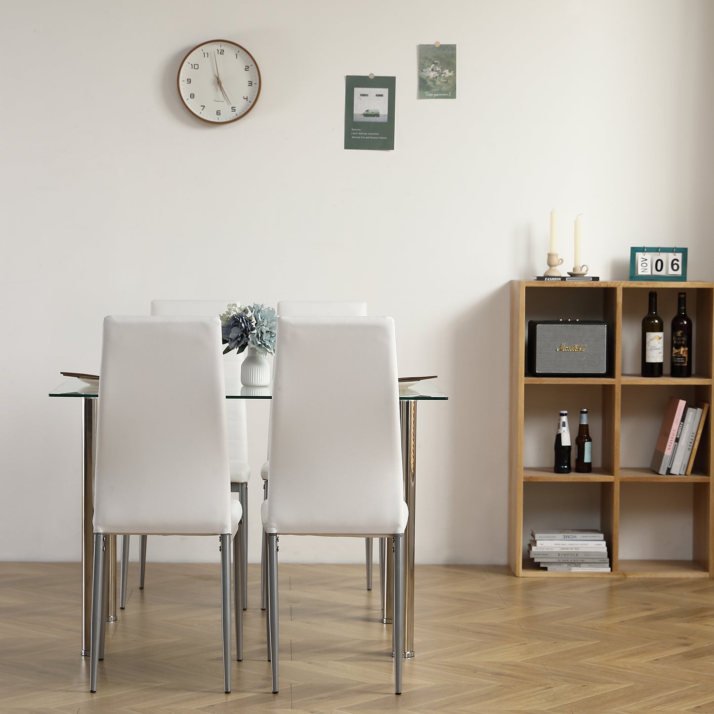 5 Piece Dining Table Set, HSUNNS Tempered Glass Dining Set for 4, Space Saving Dinner Table Set with Chairs for Kitchen, Dining Table + 4 Upholstered Stools, Table Size - 43.3 x 27.6 x 28.9in, White