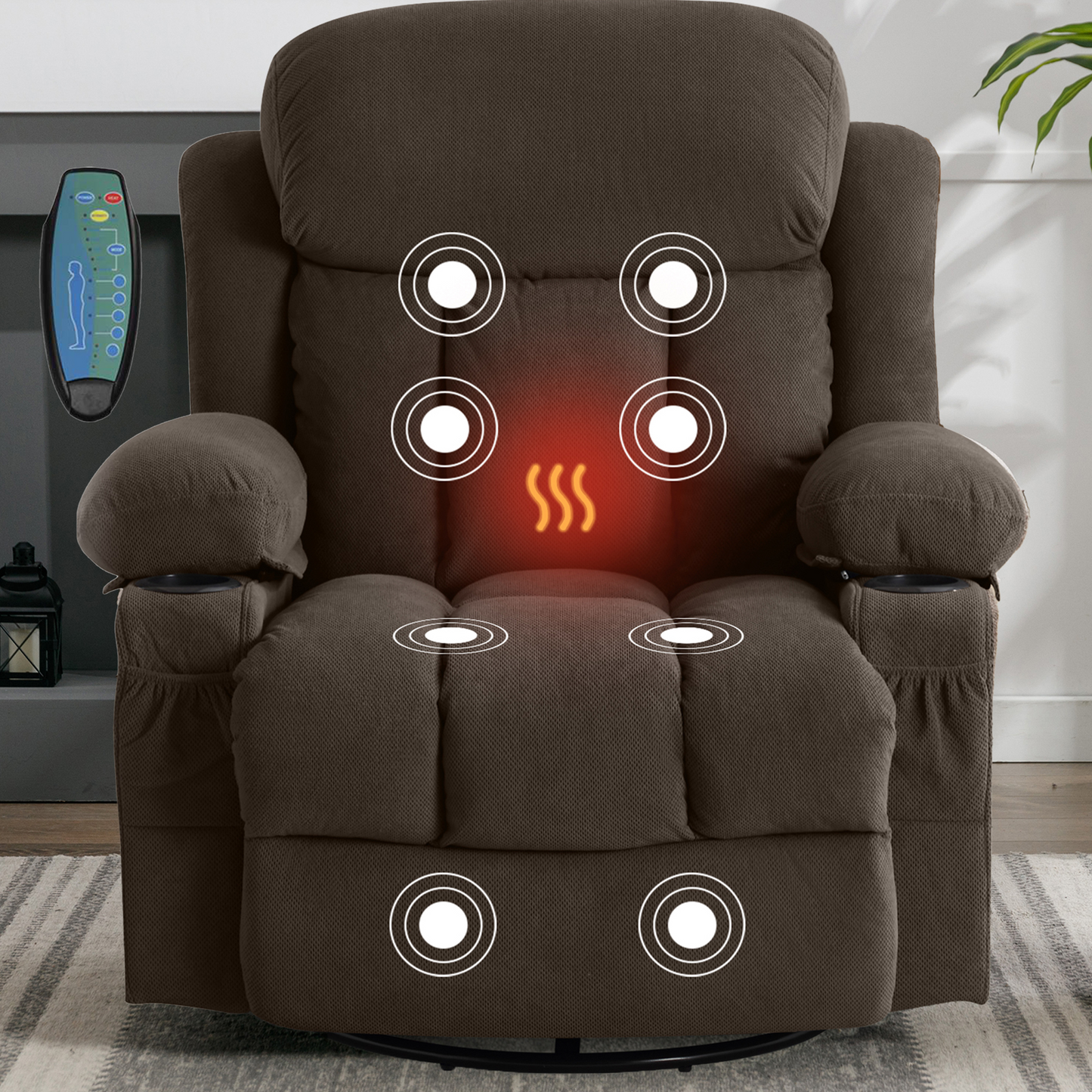 HSUNNS Swivel Recliner Chair with Massage and Heat for the Elderly, Oversized Recliner for Living Room with Cup Holders and USB Port, Side Pockets, Comfortable Backrest and Armrests, Gray