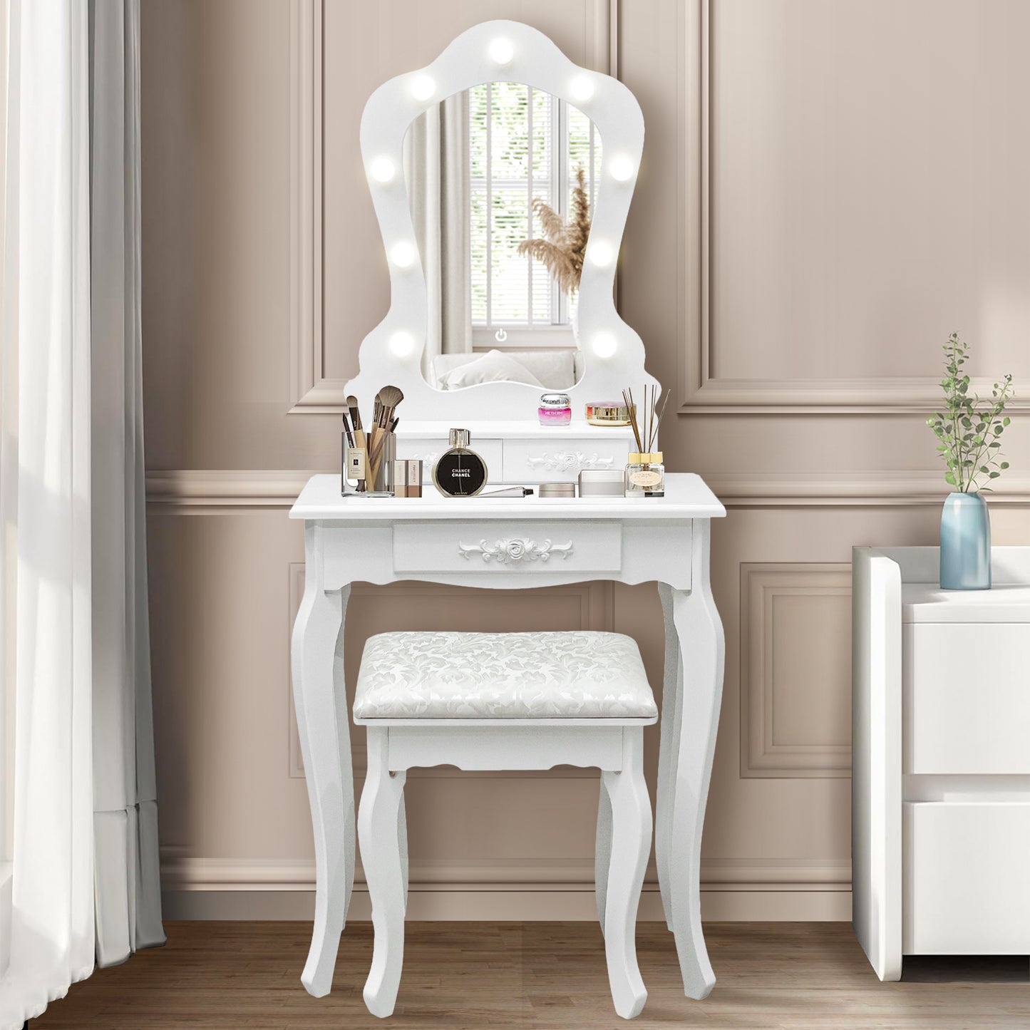 HSUNNS Vanity Table Set with Lighted Mirror, Modern 3 Drawers Makeup Dressing Desk with Cushion Stool and Storage Shelves, Vanity Desk with Storage, Bedroom Vanities Set for Girls Women, Black