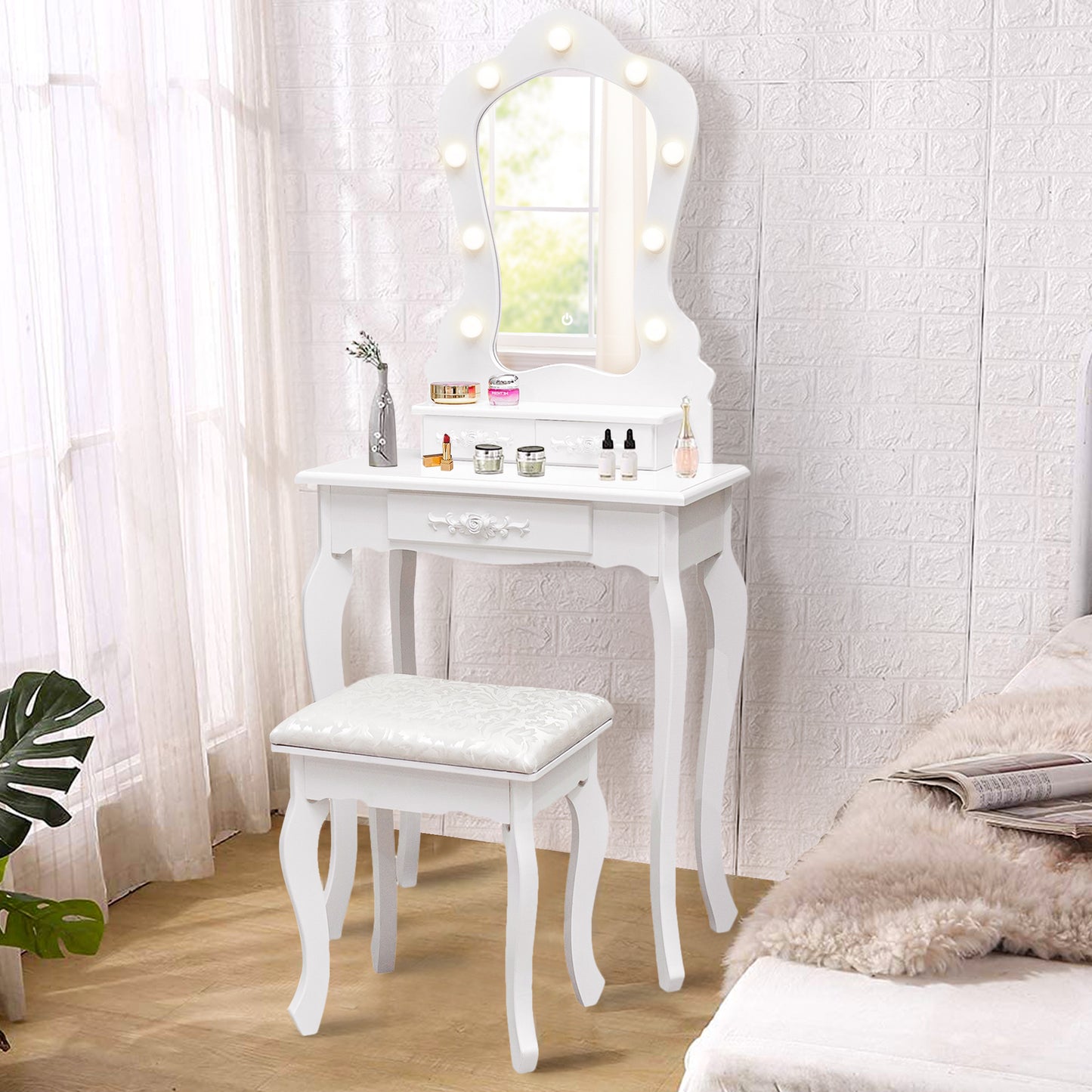 HSUNNS Vanity Table Set with Lighted Mirror, Modern 3 Drawers Makeup Dressing Desk with Cushion Stool and Storage Shelves, Vanity Desk with Storage, Bedroom Vanities Set for Girls Women, Black