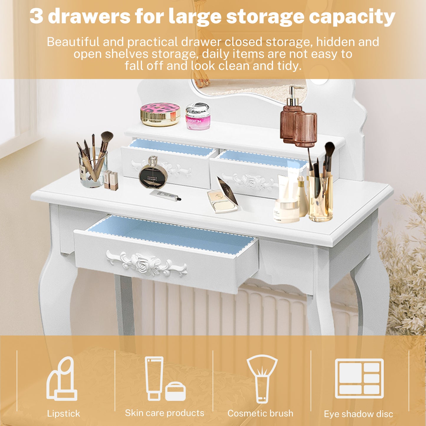 HSUNNS Vanity Table Set with Lighted Mirror, Modern 3 Drawers Makeup Dressing Desk with Cushion Stool and Storage Shelves, Vanity Desk with Storage, Bedroom Vanities Set for Girls Women, Black
