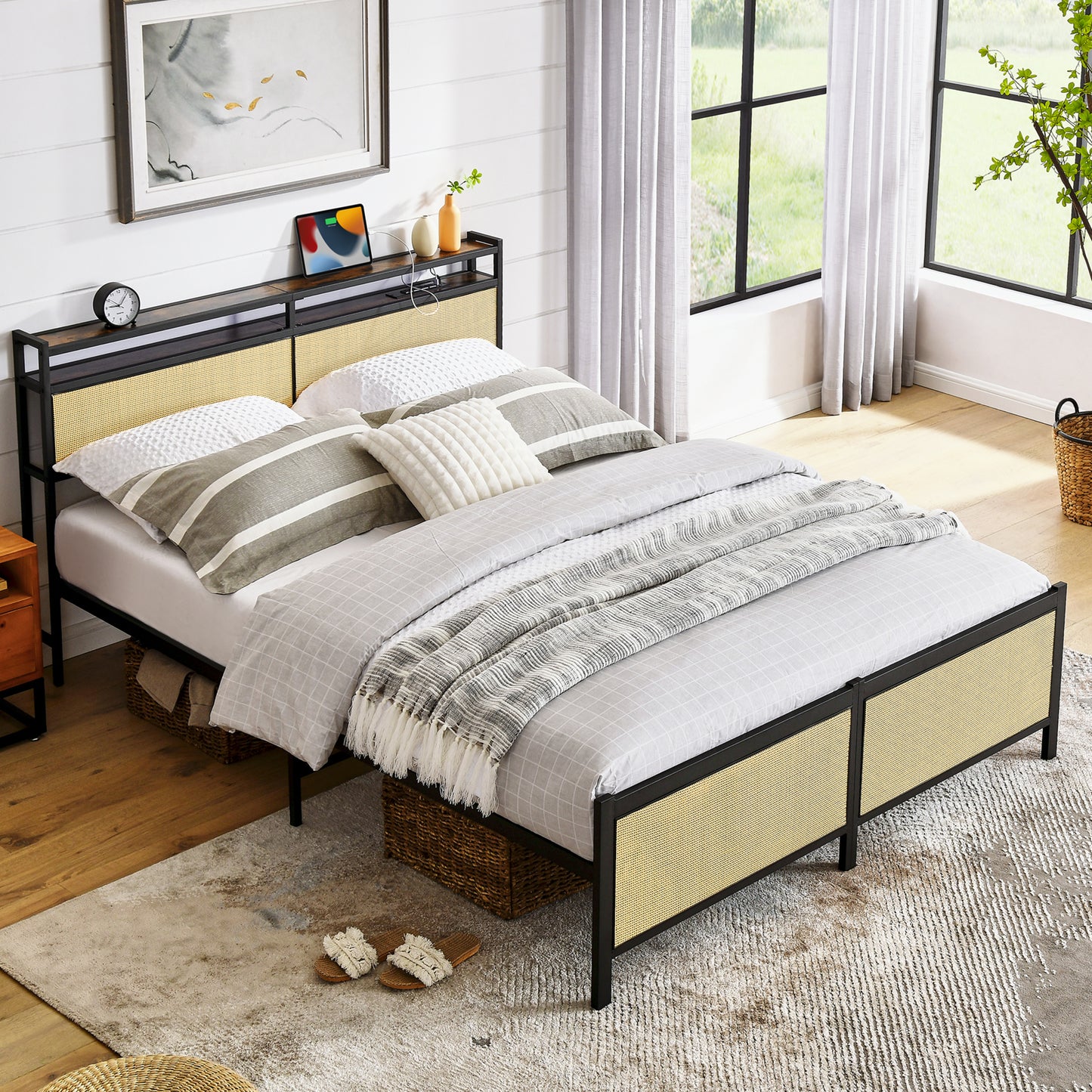 HSUNNS Bed Frame Full Size with LED Lights, Bohemian Iron Bed Frame Full Bed with Woven Rattan Storage Headboard and USB Charging Station, No Box Spring Needed, Noise Free, Black
