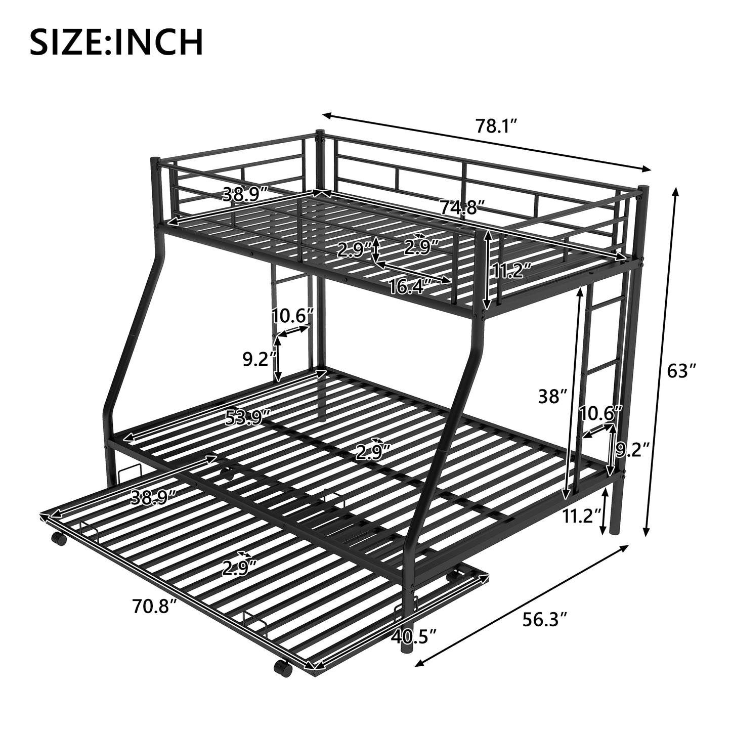 Bunk Bed Twin Over Twin, HSUNNS Metal Bunk Bed with Trundle, Twin Size Convertible Trundle Bunk Bed Frame for Kids Teens, Dorm Room Metal Twin Bed Frame with Ladder, No Box Spring Needed, Silver, A4279