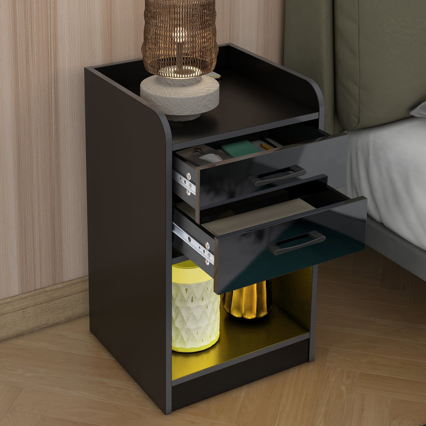 LED Night Stand with Wireless Charging Station, HSUNNS Modern Black Wood Nightstand with 16 Color LED Lights, USB Port, Power Outlets, End Side Table Bed Side Organizer with 2 Drawers, Blac