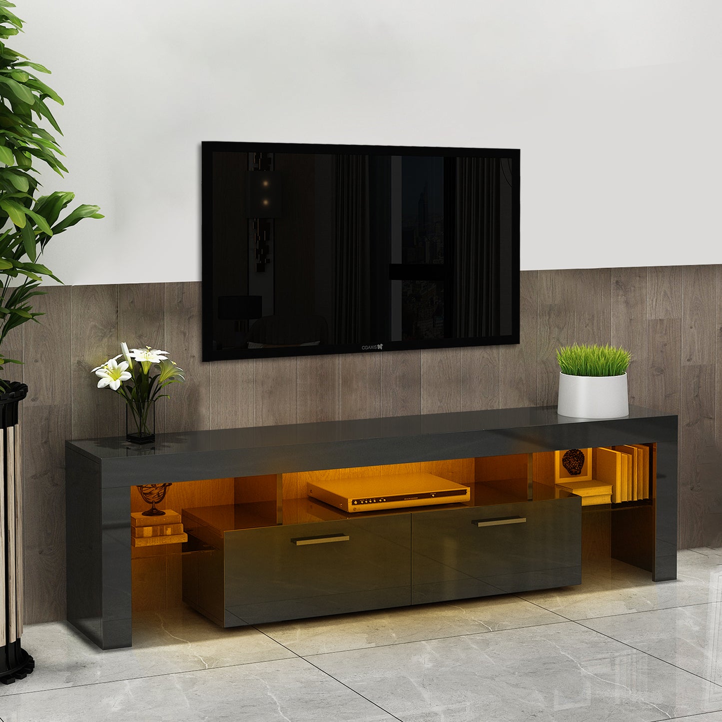 TV Stand for 80“ TVs, HSUNNS High Glossy Front Entertainment Centers TV Cabinet with 16 RGB Lights, Modern TV Media Furniture for Living Room Bedroom, 20min Quick Assemble