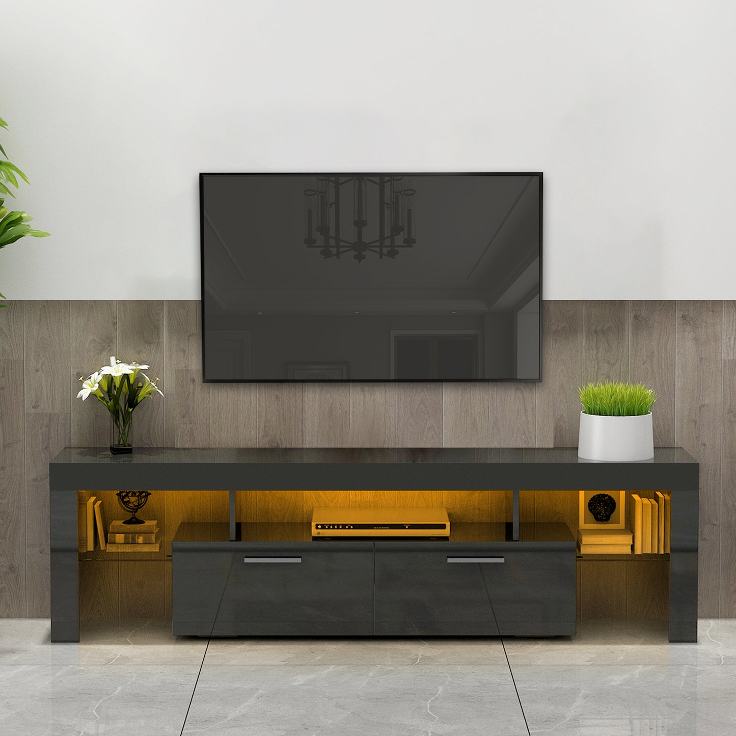TV Stand for 80“ TVs, HSUNNS High Glossy Front Entertainment Centers TV Cabinet with 16 RGB Lights, Modern TV Media Furniture for Living Room Bedroom, 20min Quick Assemble