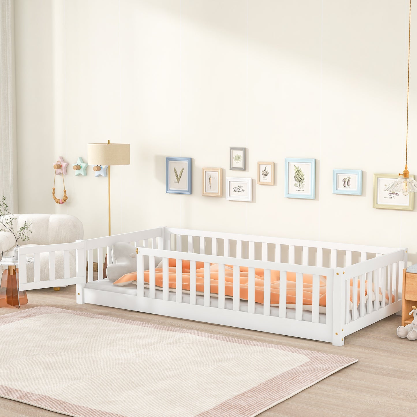 Twin Size Floor Bed for Kids, HSUNNS Twin Size Wood Toddler Floor Bed with Fence and Door, Twin Bed Montessori Floor Bed No Box Spring needed, Toddler Bed for Boys Girls, Slats Support, Gray
