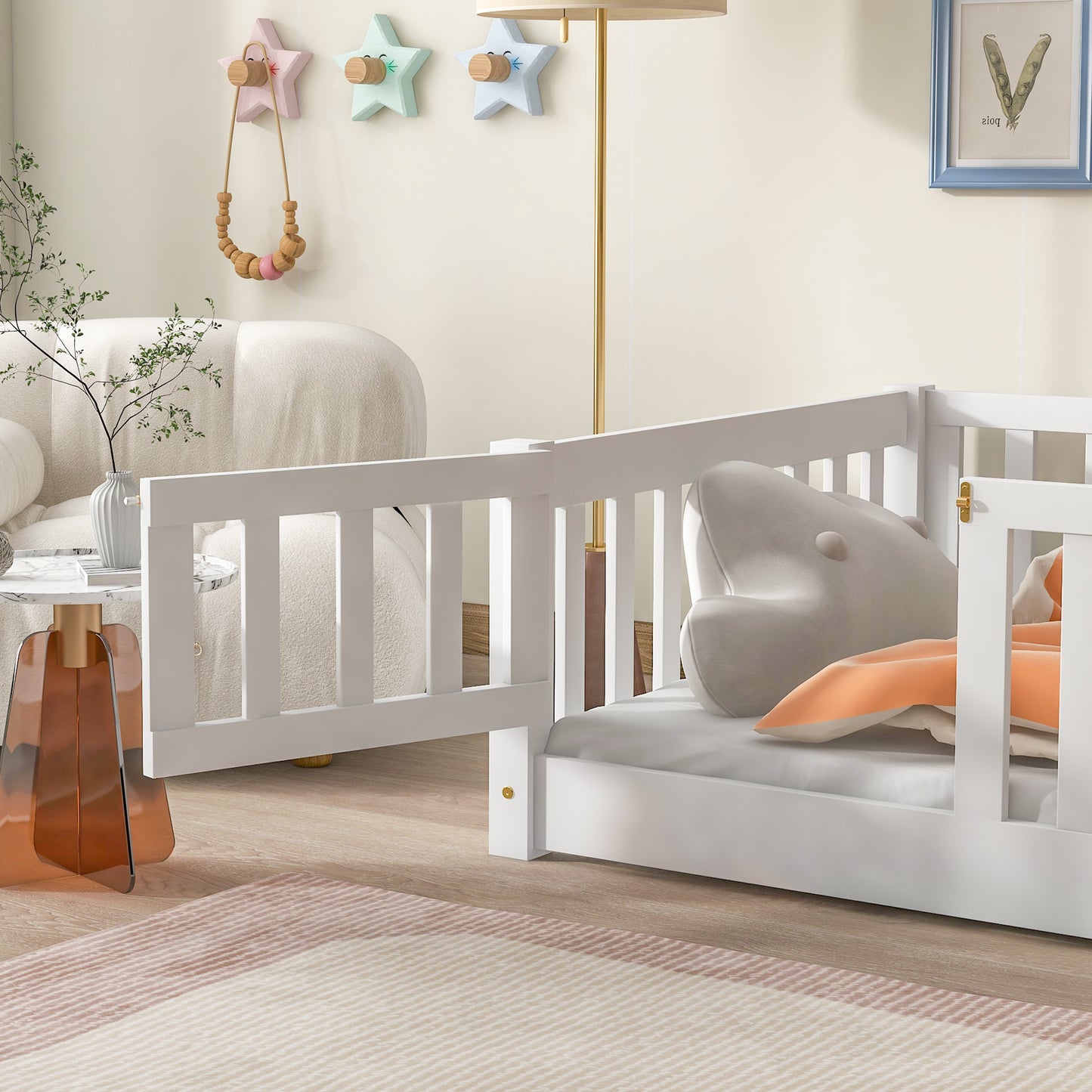Twin Size Floor Bed for Kids, HSUNNS Twin Size Wood Toddler Floor Bed with Fence and Door, Twin Bed Montessori Floor Bed No Box Spring needed, Toddler Bed for Boys Girls, Slats Support, Gray
