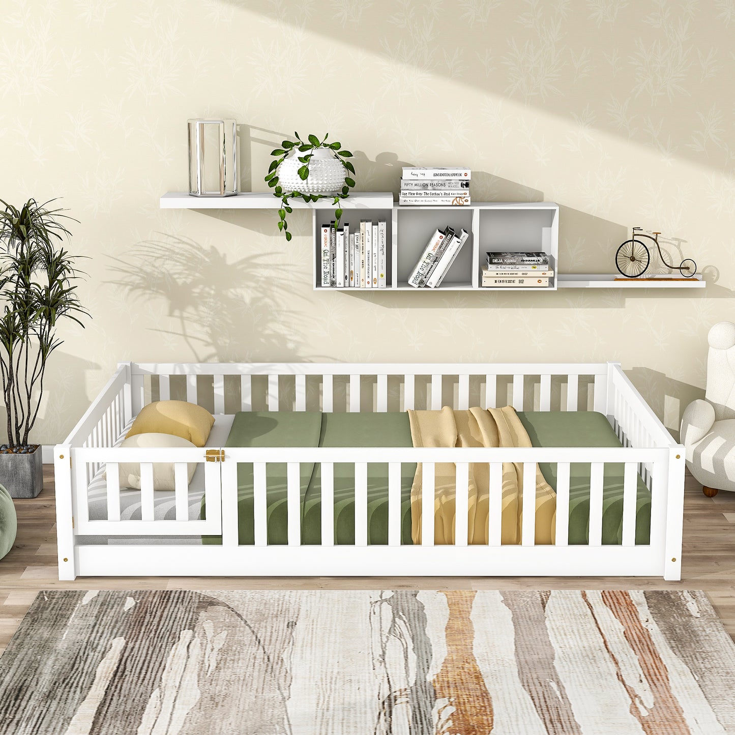 Twin Size Floor Bed for Kids, HSUNNS Twin Size Wood Toddler Floor Bed with Fence and Door, Twin Bed Montessori Floor Bed No Box Spring needed, Toddler Bed for Boys Girls, Slats Support, Gray