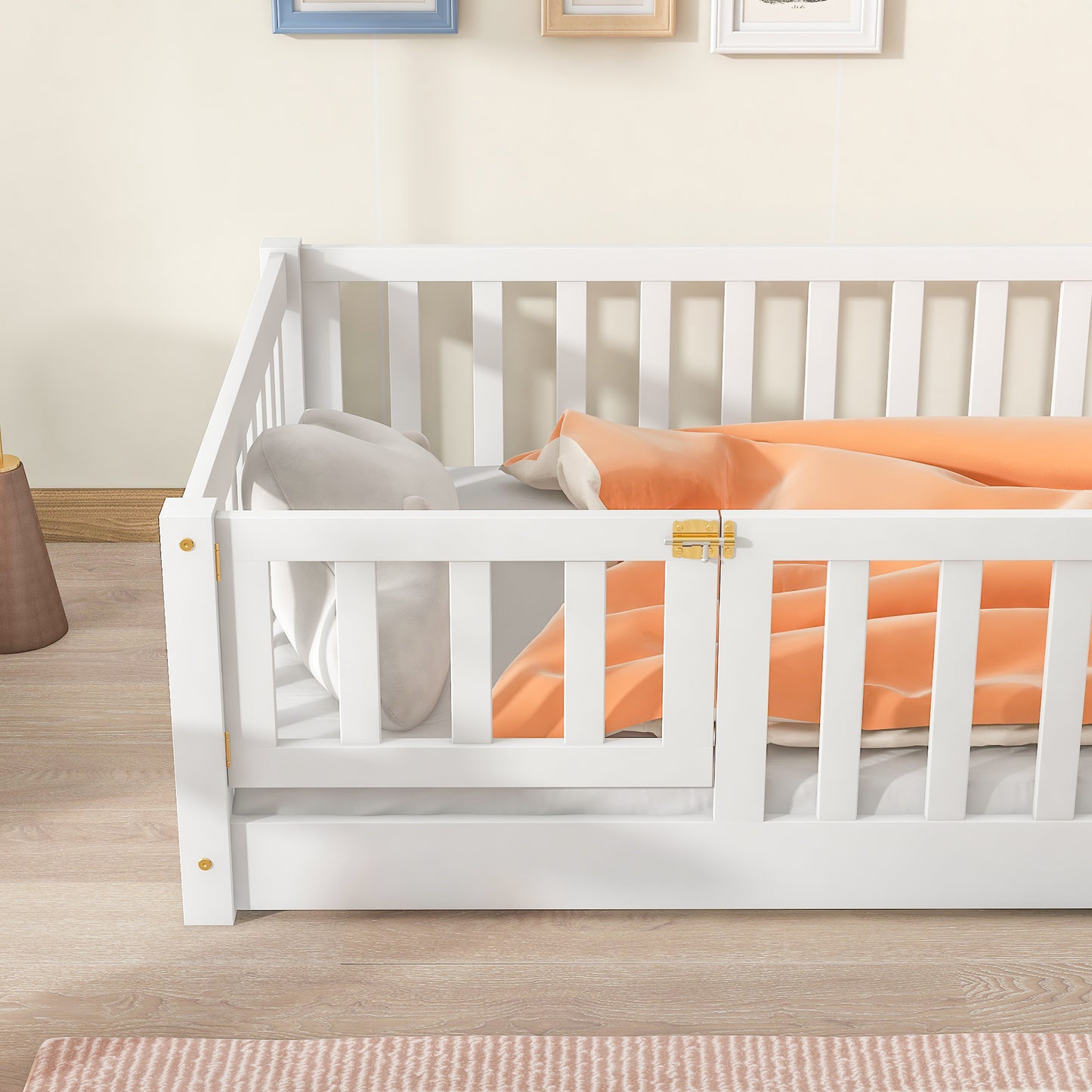 Twin Size Floor Bed for Kids, HSUNNS Twin Size Wood Toddler Floor Bed with Fence and Door, Twin Bed Montessori Floor Bed No Box Spring needed, Toddler Bed for Boys Girls, Slats Support, Gray