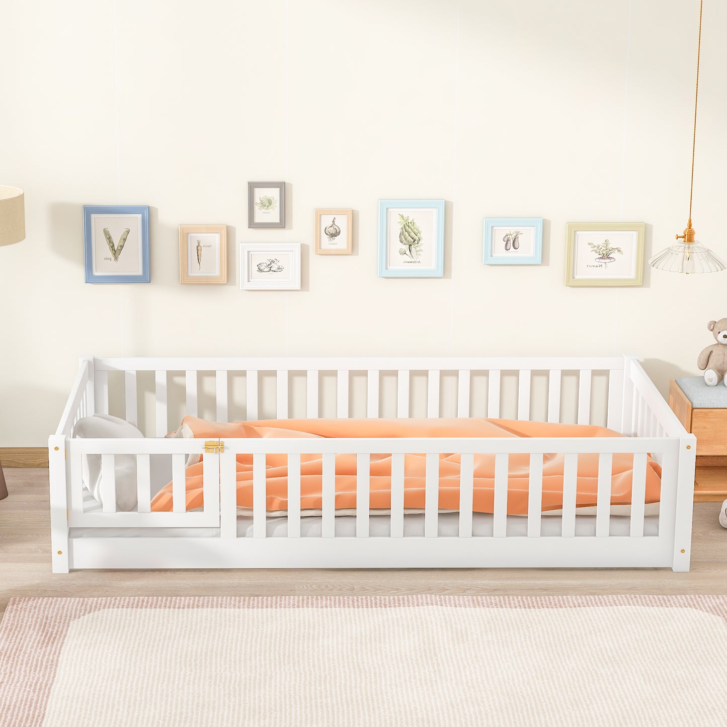 Twin Size Floor Bed for Kids, HSUNNS Twin Size Wood Toddler Floor Bed with Fence and Door, Twin Bed Montessori Floor Bed No Box Spring needed, Toddler Bed for Boys Girls, Slats Support, Gray
