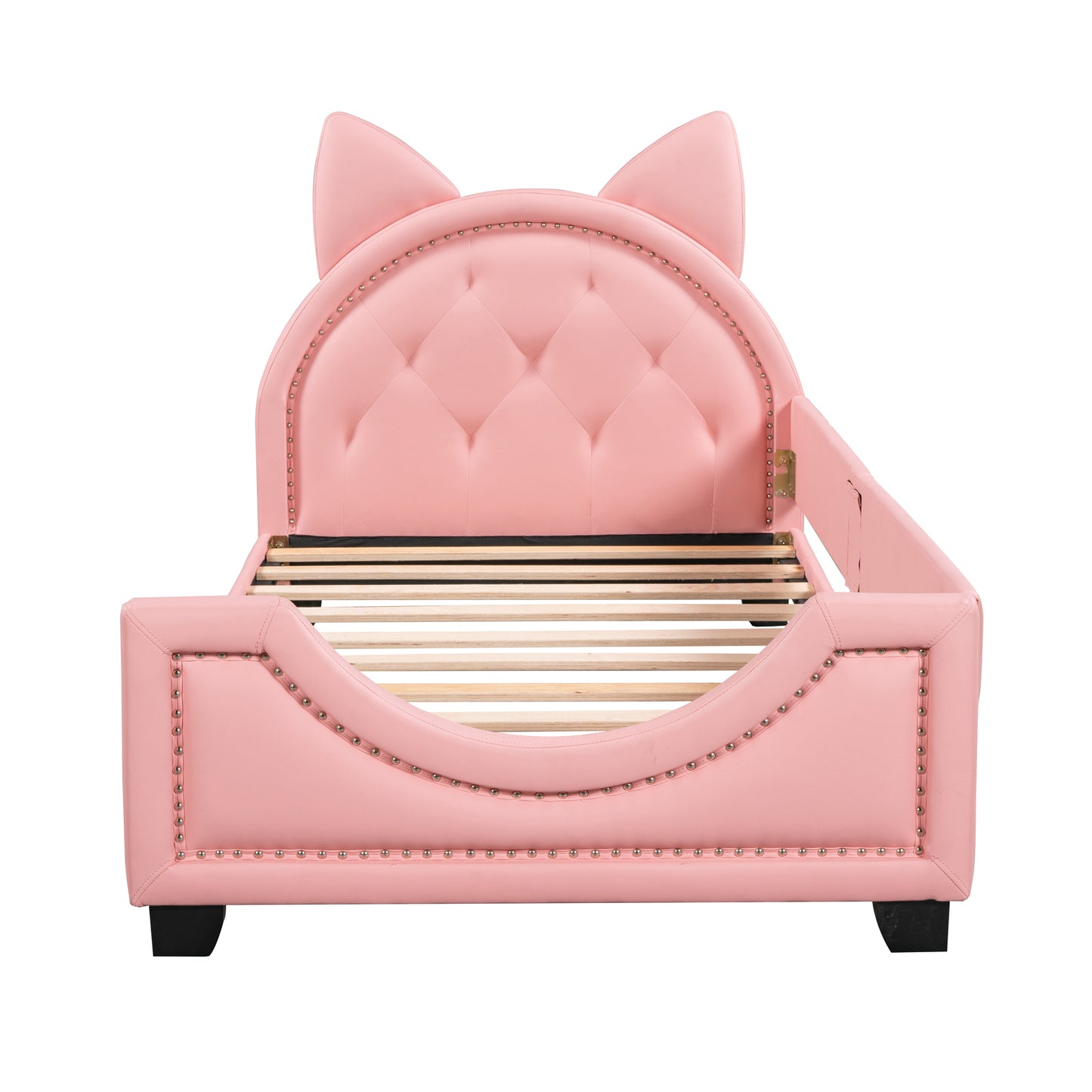 HSUNNS Twin Size Daybed, Upholstered Daybed with Cartoon Ears Shaped Headboard, PU Leather Twin Sofa Bed Frame Floor Bed for Bedroom, Low to the Ground, No Box Spring Needed, 250LBS, Pink