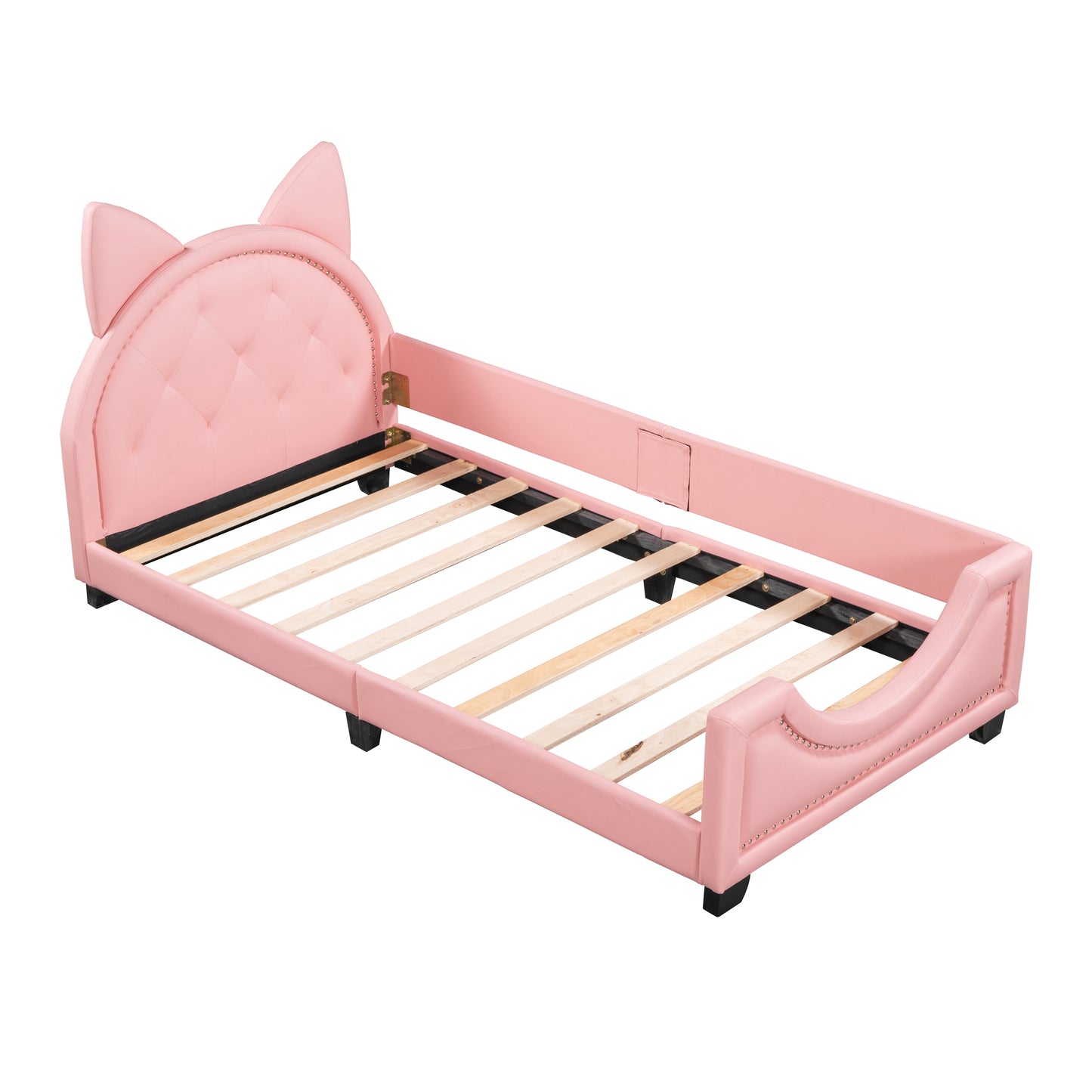 HSUNNS Twin Size Daybed, Upholstered Daybed with Cartoon Ears Shaped Headboard, PU Leather Twin Sofa Bed Frame Floor Bed for Bedroom, Low to the Ground, No Box Spring Needed, 250LBS, Pink