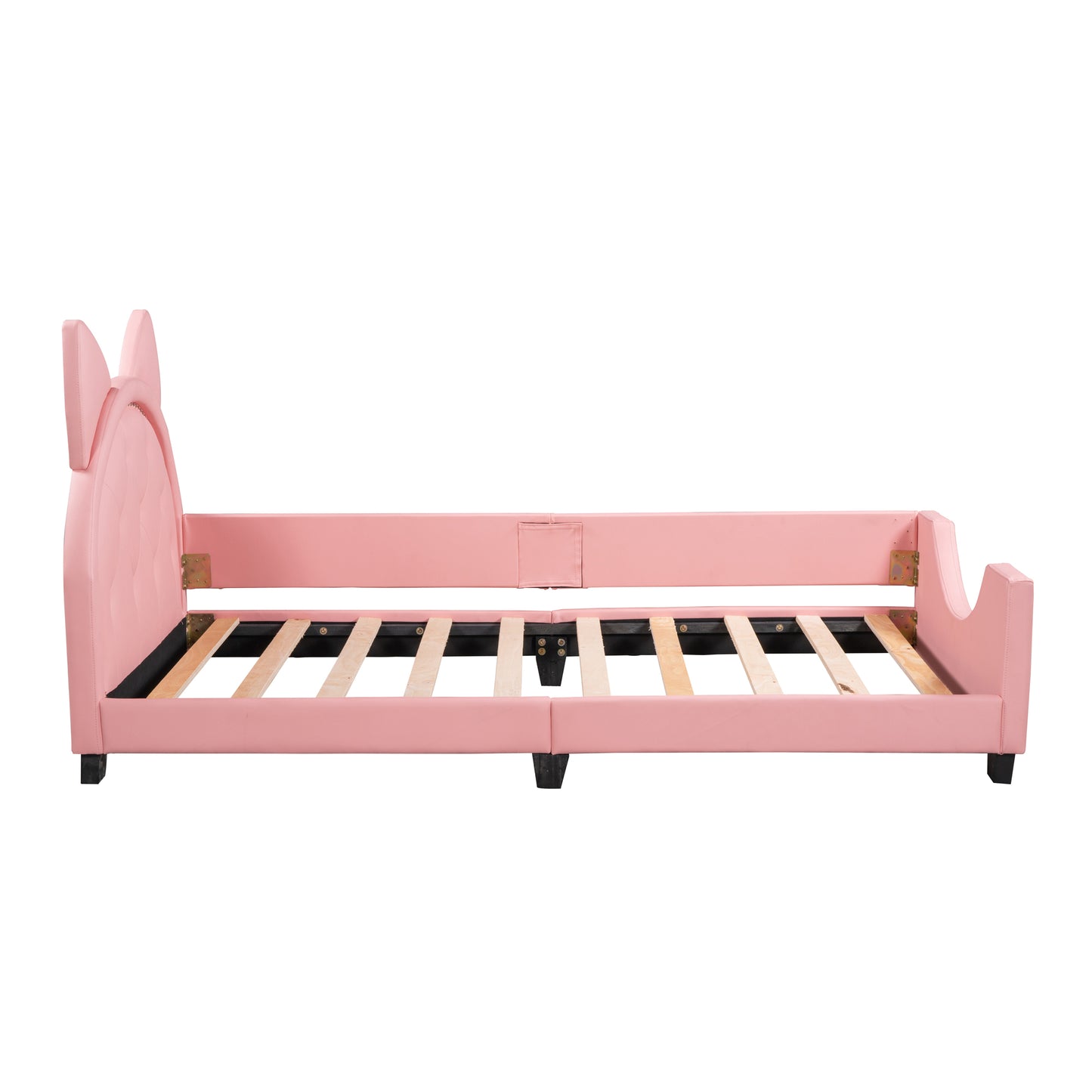 HSUNNS Twin Size Daybed, Upholstered Daybed with Cartoon Ears Shaped Headboard, PU Leather Twin Sofa Bed Frame Floor Bed for Bedroom, Low to the Ground, No Box Spring Needed, 250LBS, Pink
