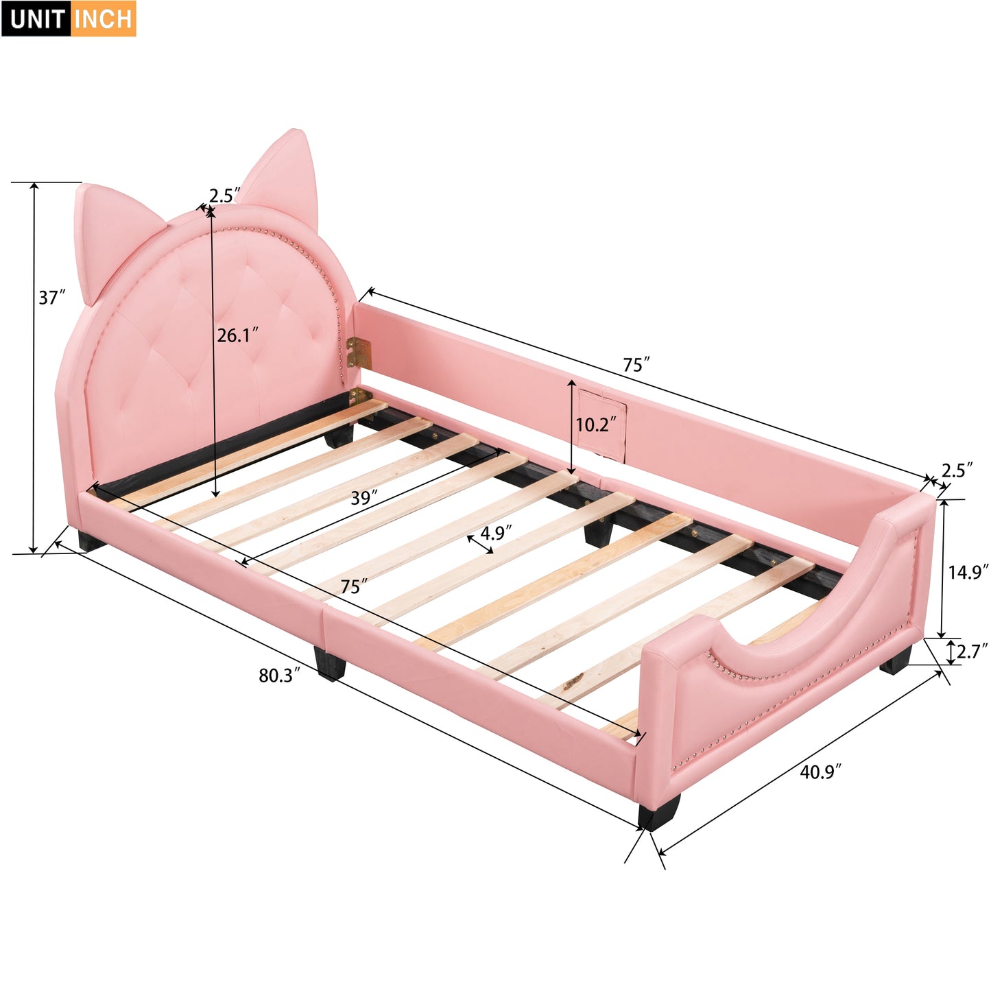 HSUNNS Twin Size Daybed, Upholstered Daybed with Cartoon Ears Shaped Headboard, PU Leather Twin Sofa Bed Frame Floor Bed for Bedroom, Low to the Ground, No Box Spring Needed, 250LBS, Pink