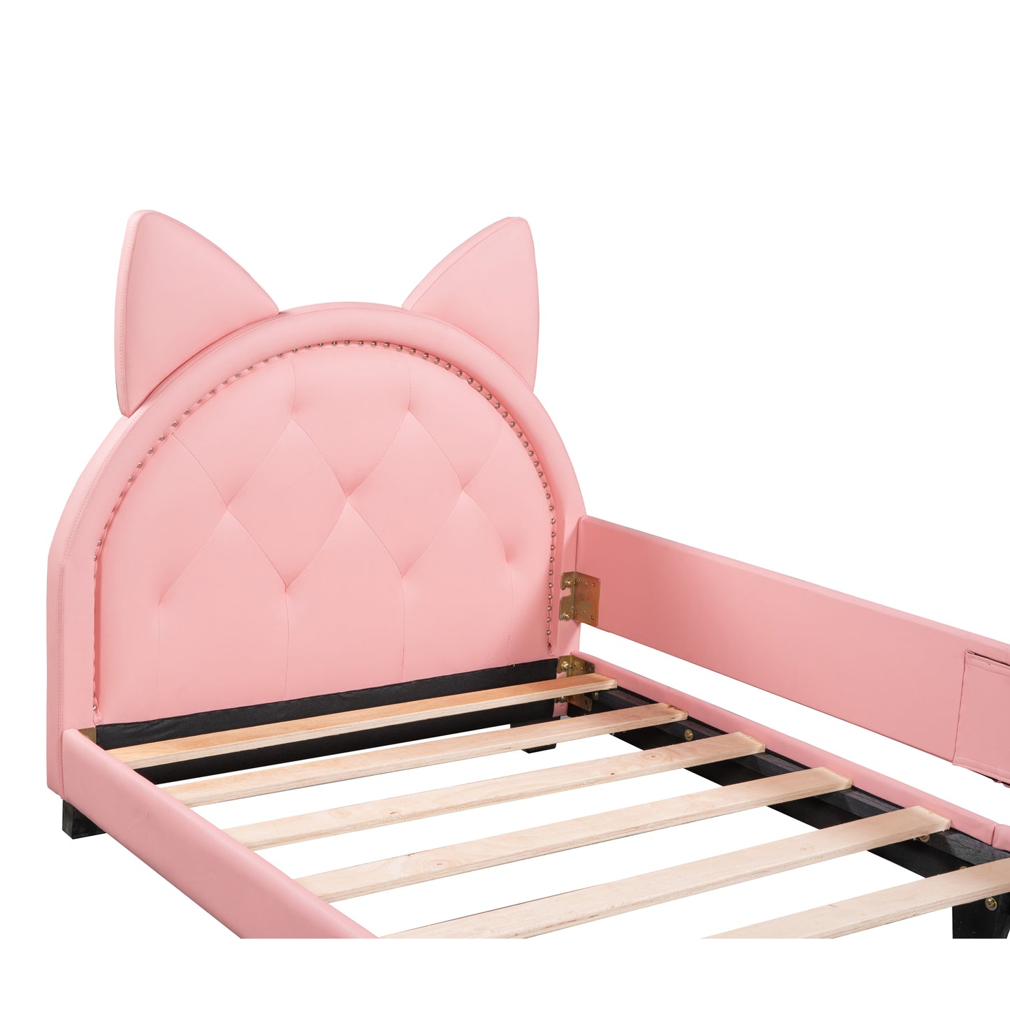 HSUNNS Twin Size Daybed, Upholstered Daybed with Cartoon Ears Shaped Headboard, PU Leather Twin Sofa Bed Frame Floor Bed for Bedroom, Low to the Ground, No Box Spring Needed, 250LBS, Pink