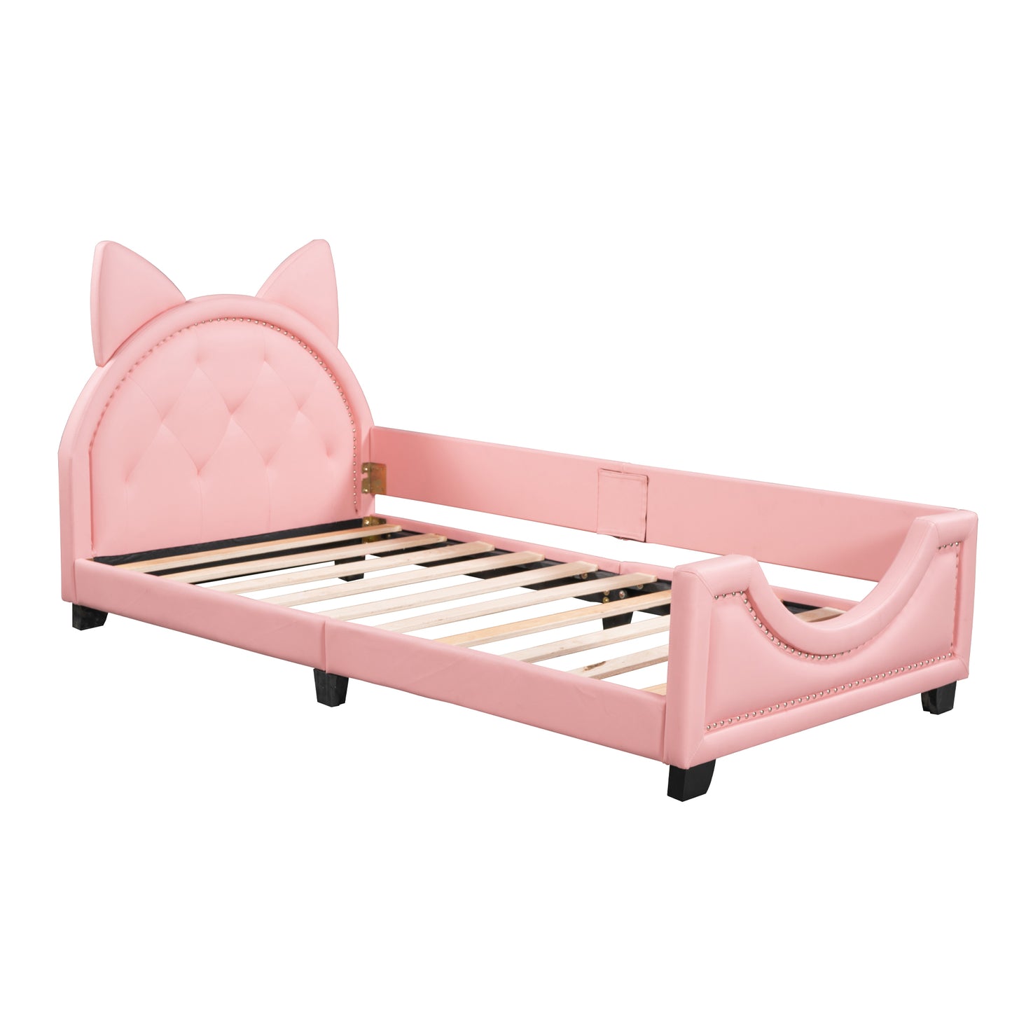 HSUNNS Twin Size Daybed, Upholstered Daybed with Cartoon Ears Shaped Headboard, PU Leather Twin Sofa Bed Frame Floor Bed for Bedroom, Low to the Ground, No Box Spring Needed, 250LBS, Pink