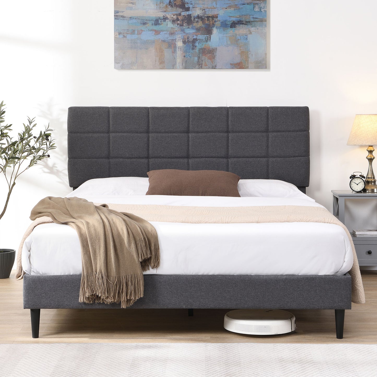 HSUNNS King Size Platform Bed Frame with Tufted Upholstered Headboard and Wooden Slats Support, Fully Upholstered Bedroom Furniture, Wood Legs, No Box Spring Needed, Easy Assembly, Beige