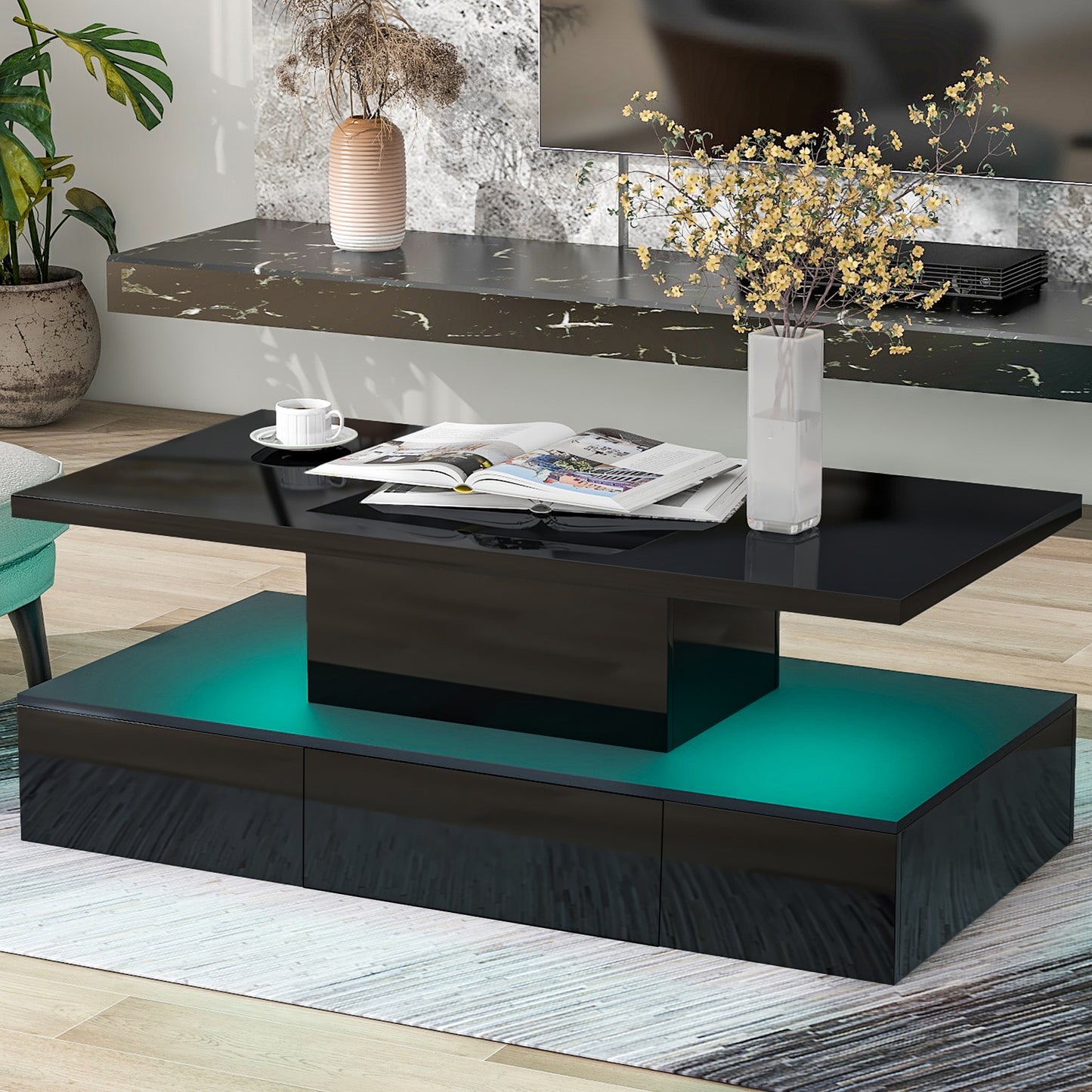 HSUNNS Black LED Coffee Table for Living Room, Modern High Glossy Center Table with 4 Drawers, Smart Cocktail Table Rectangle, Sofa Side Tea Tables with LED Lights, 40" L×24" W×15" H