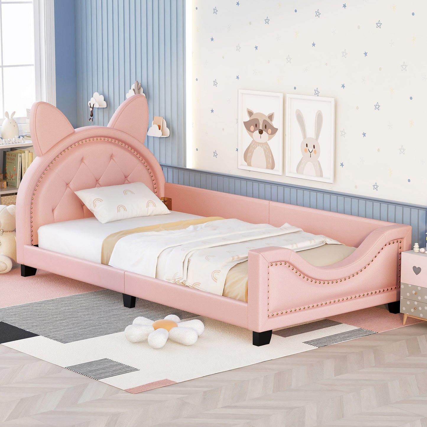 HSUNNS Twin Size Daybed, Upholstered Daybed with Cartoon Ears Shaped Headboard, PU Leather Twin Sofa Bed Frame Floor Bed for Bedroom, Low to the Ground, No Box Spring Needed, 250LBS, Pink