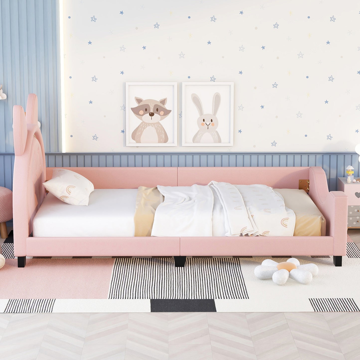 HSUNNS Twin Size Daybed, Upholstered Daybed with Cartoon Ears Shaped Headboard, PU Leather Twin Sofa Bed Frame Floor Bed for Bedroom, Low to the Ground, No Box Spring Needed, 250LBS, Pink