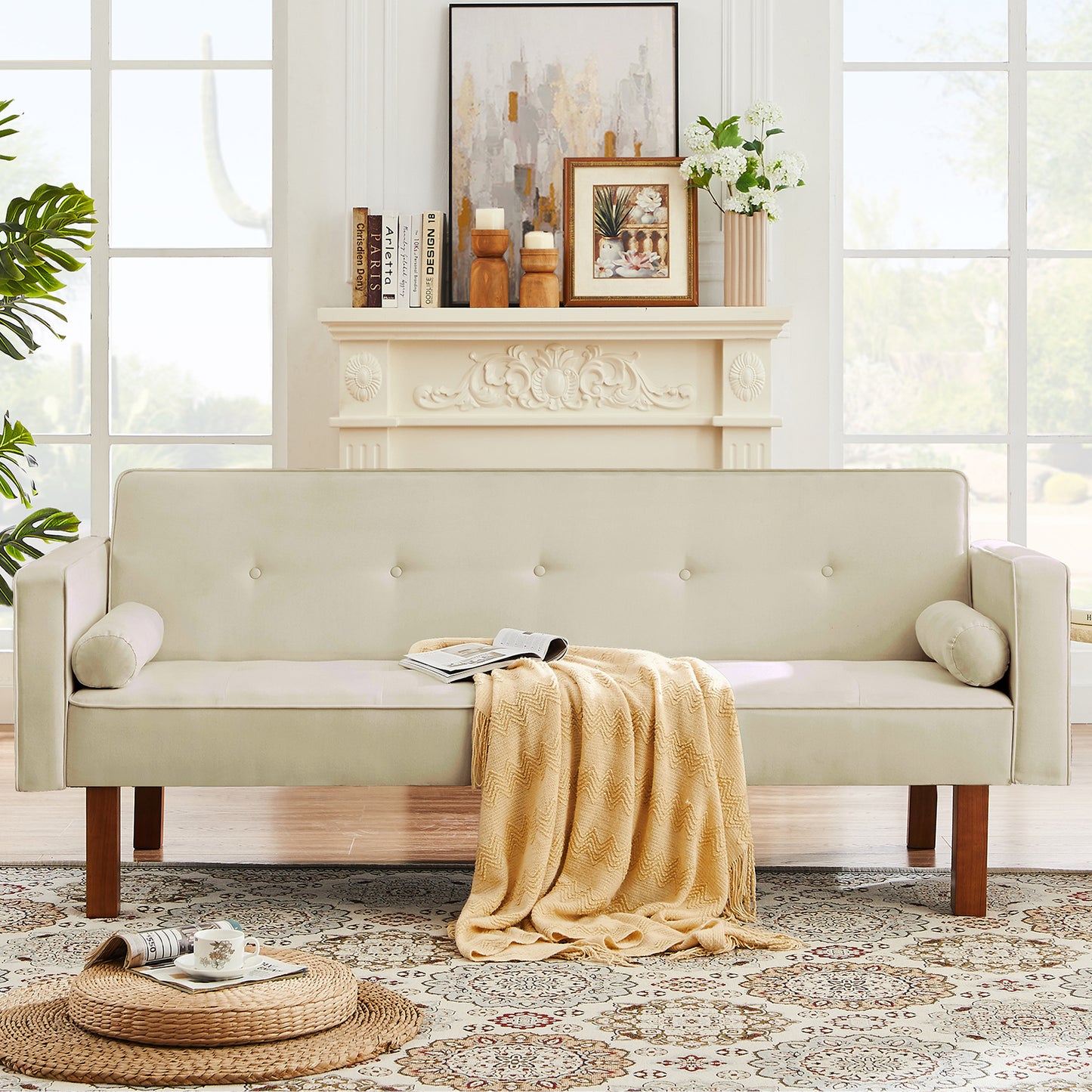 HSUNNS Sofa Bed, Upholstered Convertible Sofa Bed with Armrest, Modern Sleeper Sofa Couch with Wooden Frame and Legs, Comfortable Linen Fabric Sofa Suitable for Living Room Bedroom Office, Brown