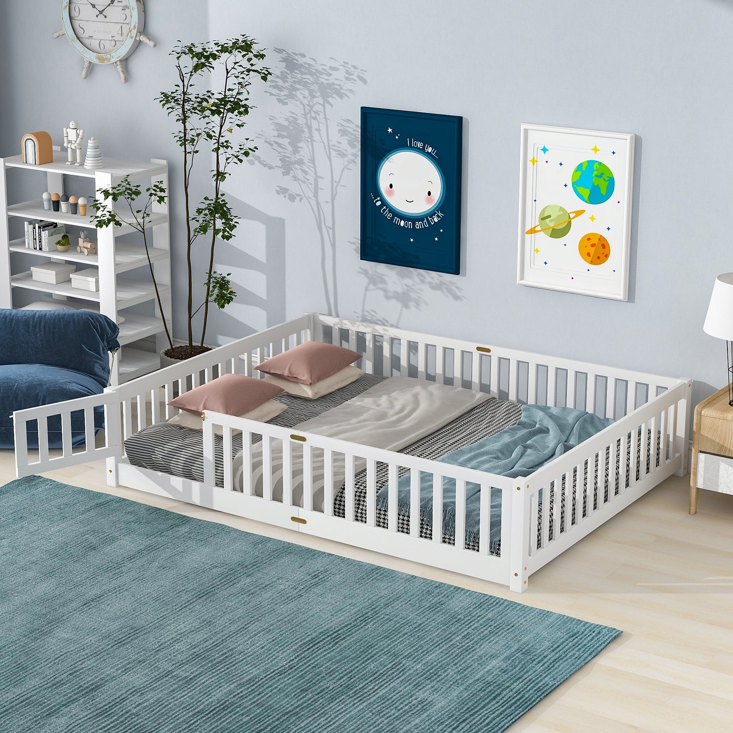 Twin Size Floor Bed for Kids, HSUNNS Twin Size Wood Toddler Floor Bed with Fence and Door, Twin Bed Montessori Floor Bed No Box Spring needed, Toddler Bed for Boys Girls, Slats Support, Gray