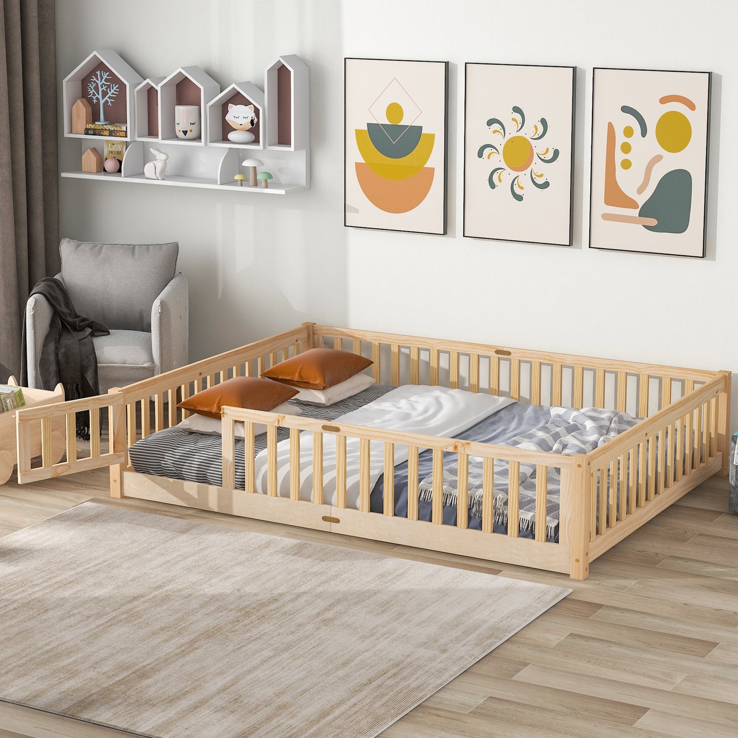 Twin Size Floor Bed for Kids, HSUNNS Twin Size Wood Toddler Floor Bed with Fence and Door, Twin Bed Montessori Floor Bed No Box Spring needed, Toddler Bed for Boys Girls, Slats Support, Gray