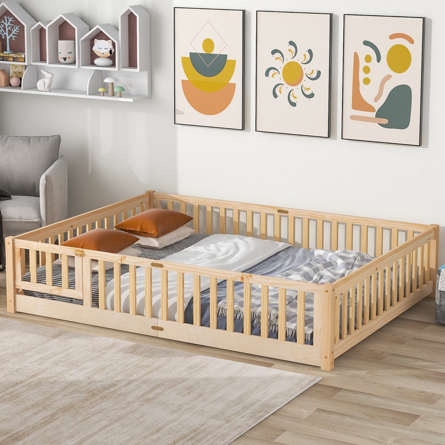 Twin Size Floor Bed for Kids, HSUNNS Twin Size Wood Toddler Floor Bed with Fence and Door, Twin Bed Montessori Floor Bed No Box Spring needed, Toddler Bed for Boys Girls, Slats Support, Gray