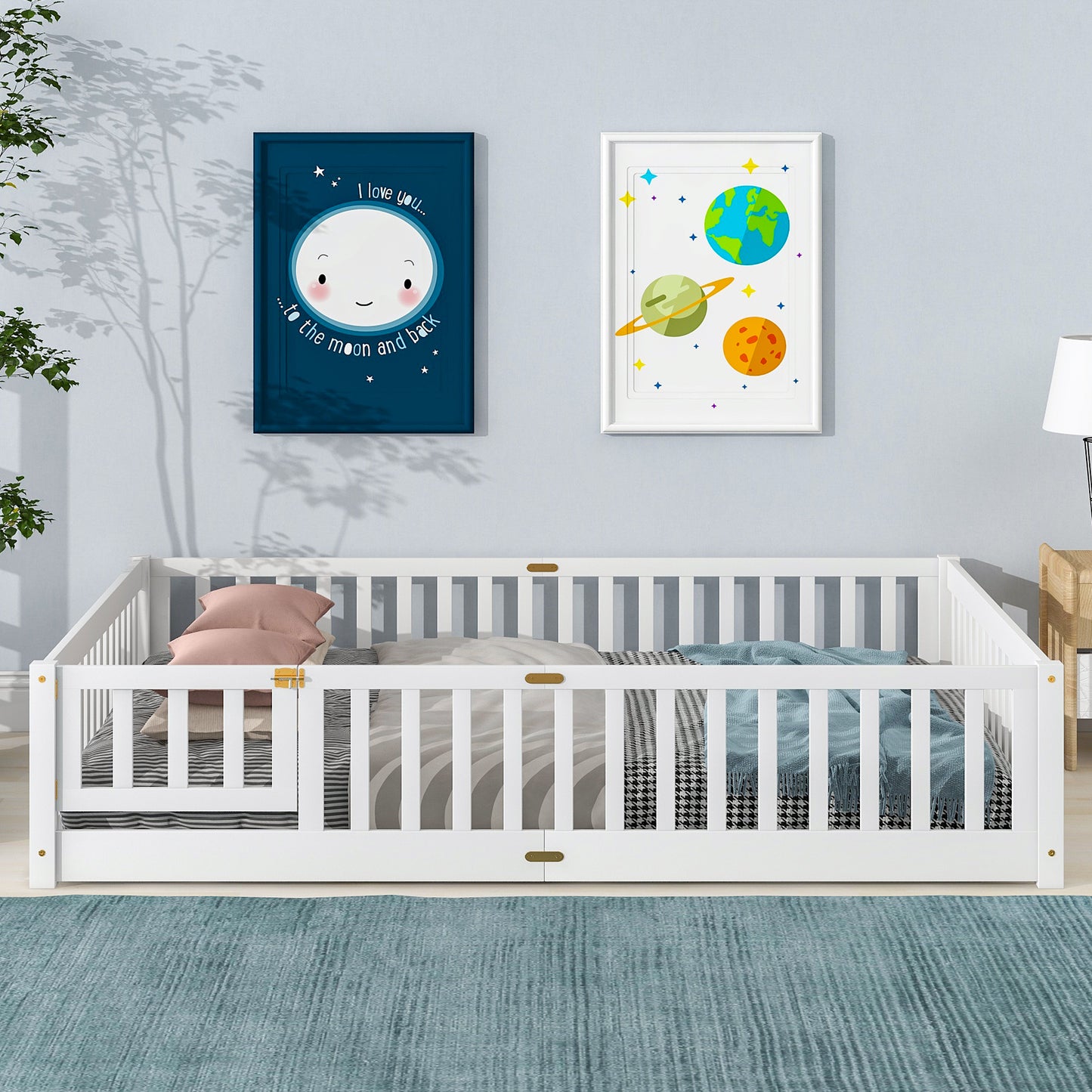 Twin Size Floor Bed for Kids, HSUNNS Twin Size Wood Toddler Floor Bed with Fence and Door, Twin Bed Montessori Floor Bed No Box Spring needed, Toddler Bed for Boys Girls, Slats Support, Gray