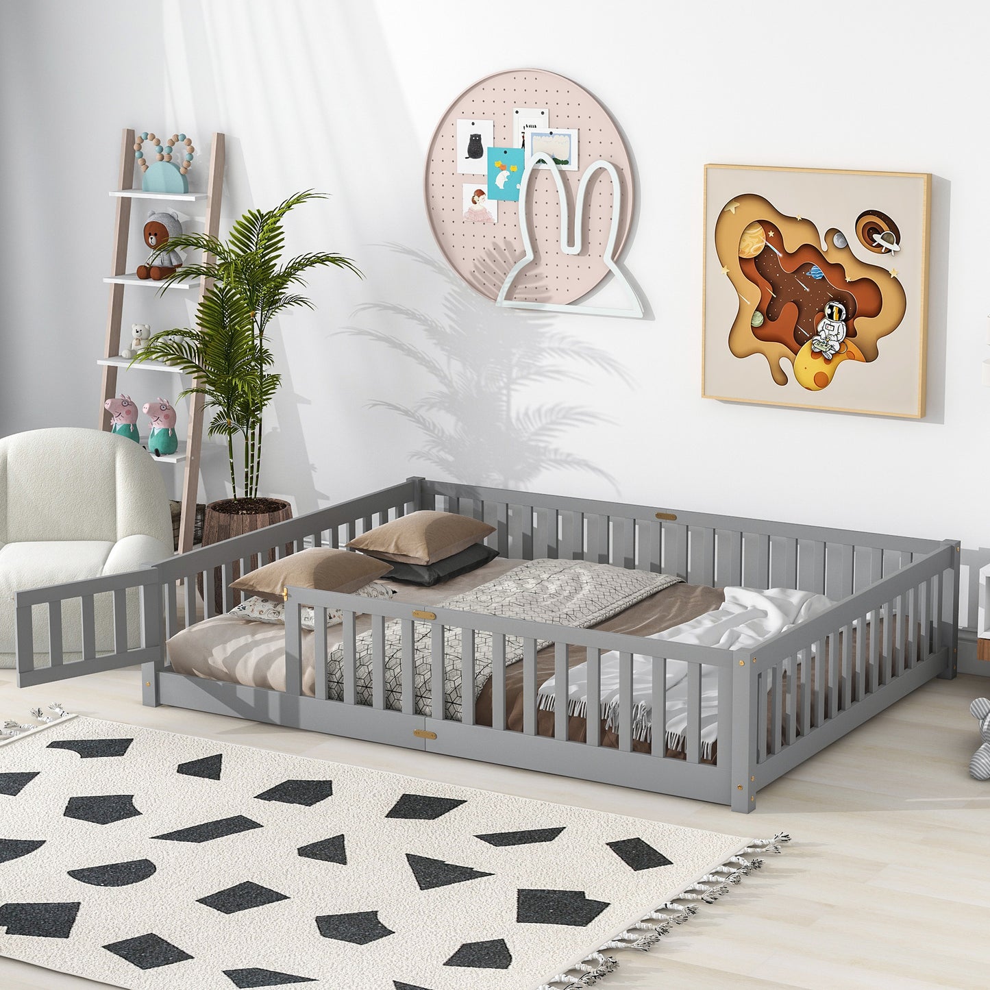 Twin Size Floor Bed for Kids, HSUNNS Twin Size Wood Toddler Floor Bed with Fence and Door, Twin Bed Montessori Floor Bed No Box Spring needed, Toddler Bed for Boys Girls, Slats Support, Gray