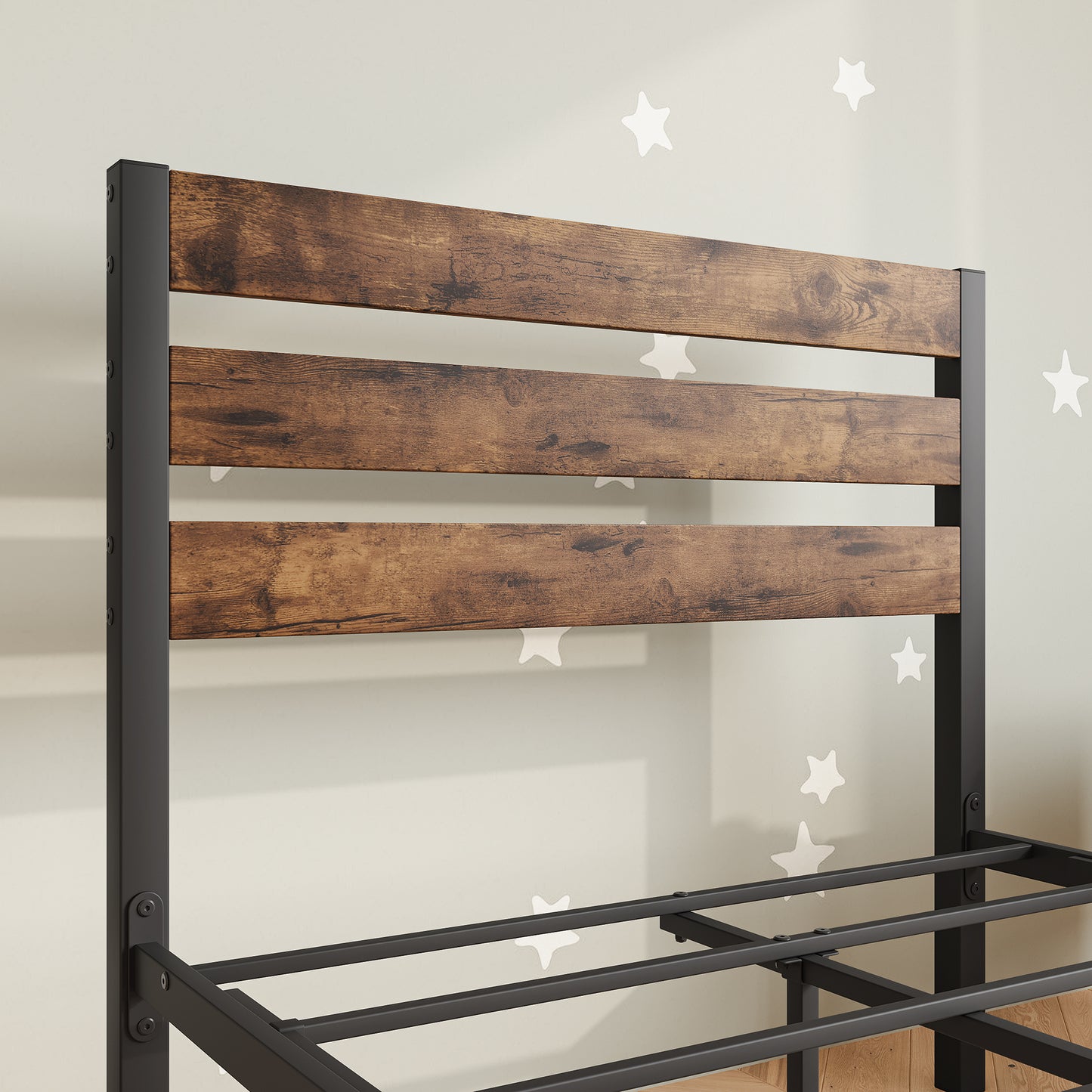 Queen Bed Metal Frame, HSUNNS Industrial Metal Platform Bed Frame Queen with Brown Headboard, 450lbs Capacity Queen Platform Bed for Kids Adults, Modern Bedroom Furniture