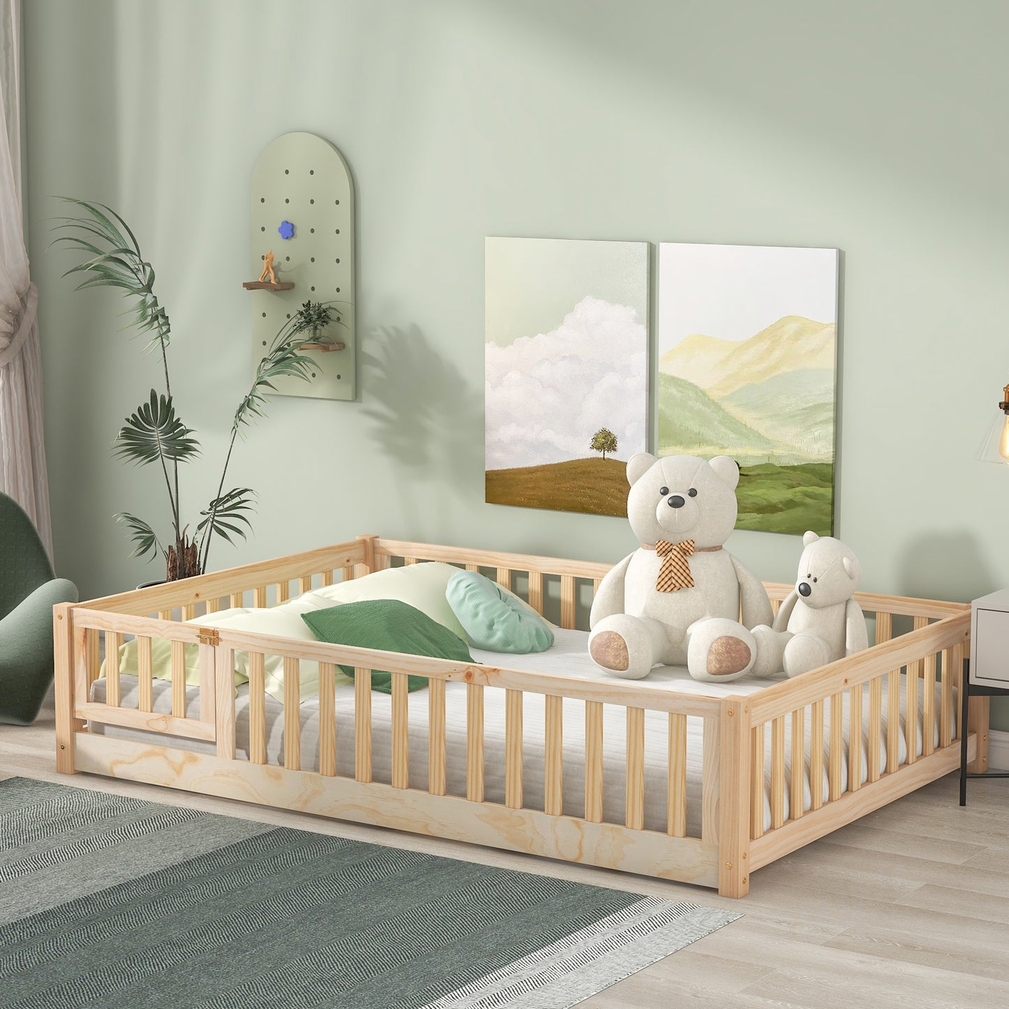 Twin Size Floor Bed for Kids, HSUNNS Twin Size Wood Toddler Floor Bed with Fence and Door, Twin Bed Montessori Floor Bed No Box Spring needed, Toddler Bed for Boys Girls, Slats Support, Gray