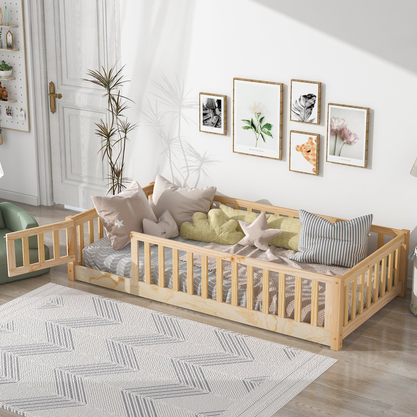 Twin Size Floor Bed for Kids, HSUNNS Twin Size Wood Toddler Floor Bed with Fence and Door, Twin Bed Montessori Floor Bed No Box Spring needed, Toddler Bed for Boys Girls, Slats Support, Gray