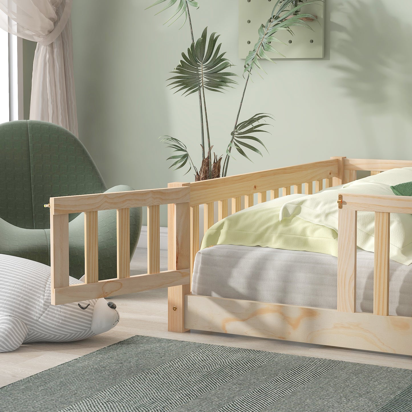 Twin Size Floor Bed for Kids, HSUNNS Twin Size Wood Toddler Floor Bed with Fence and Door, Twin Bed Montessori Floor Bed No Box Spring needed, Toddler Bed for Boys Girls, Slats Support, Gray