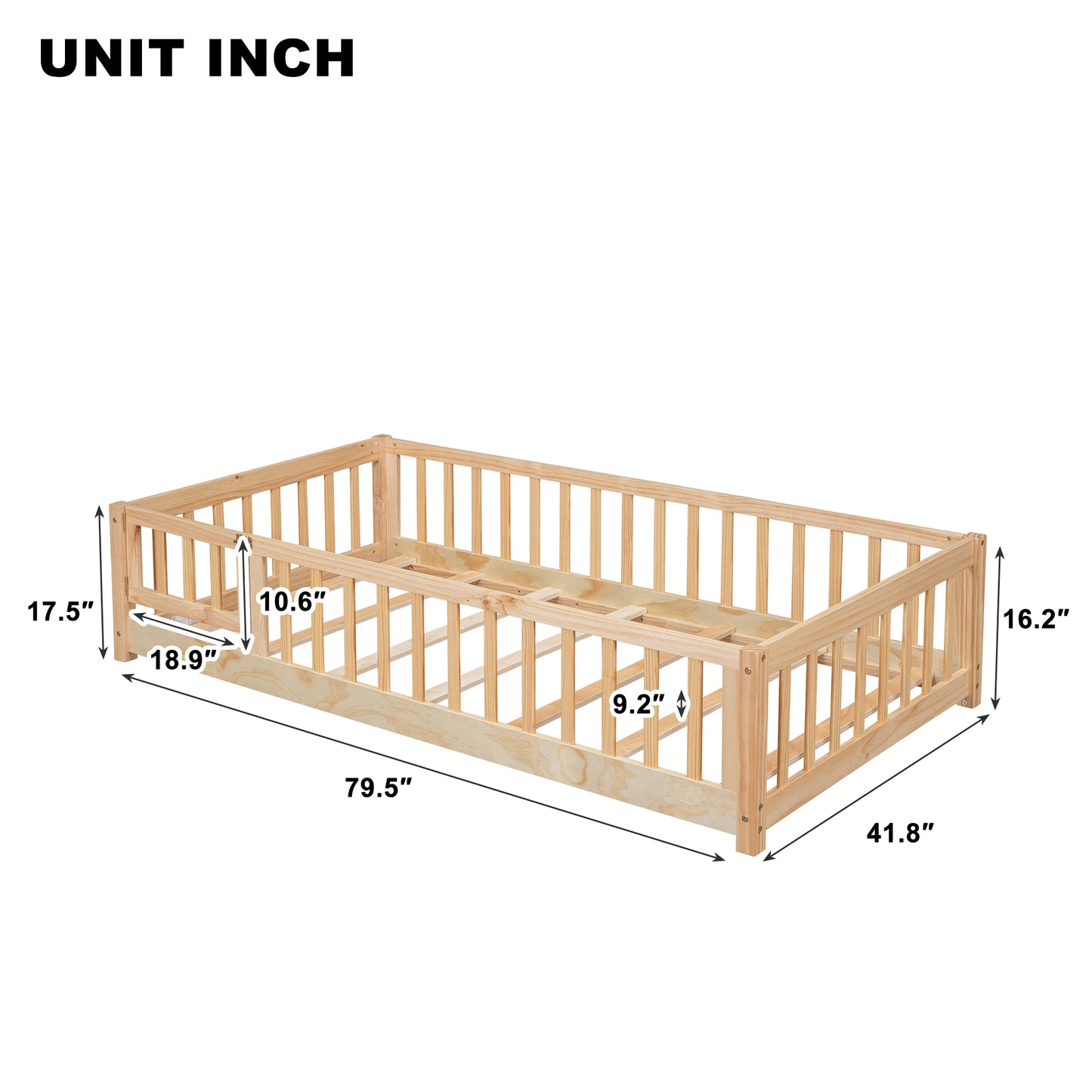 Twin Size Floor Bed for Kids, HSUNNS Twin Size Wood Toddler Floor Bed with Fence and Door, Twin Bed Montessori Floor Bed No Box Spring needed, Toddler Bed for Boys Girls, Slats Support, Gray
