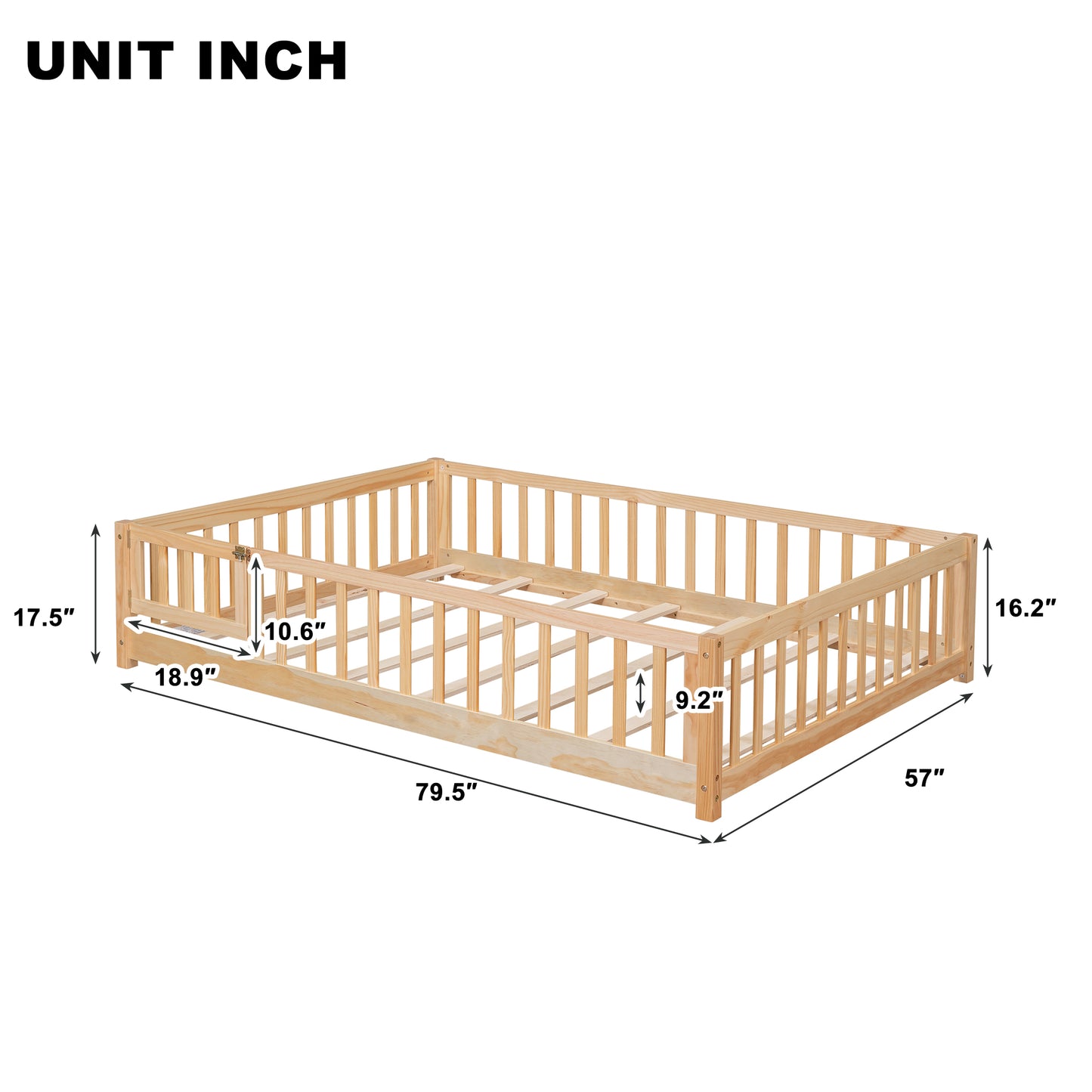 Twin Size Floor Bed for Kids, HSUNNS Twin Size Wood Toddler Floor Bed with Fence and Door, Twin Bed Montessori Floor Bed No Box Spring needed, Toddler Bed for Boys Girls, Slats Support, Gray