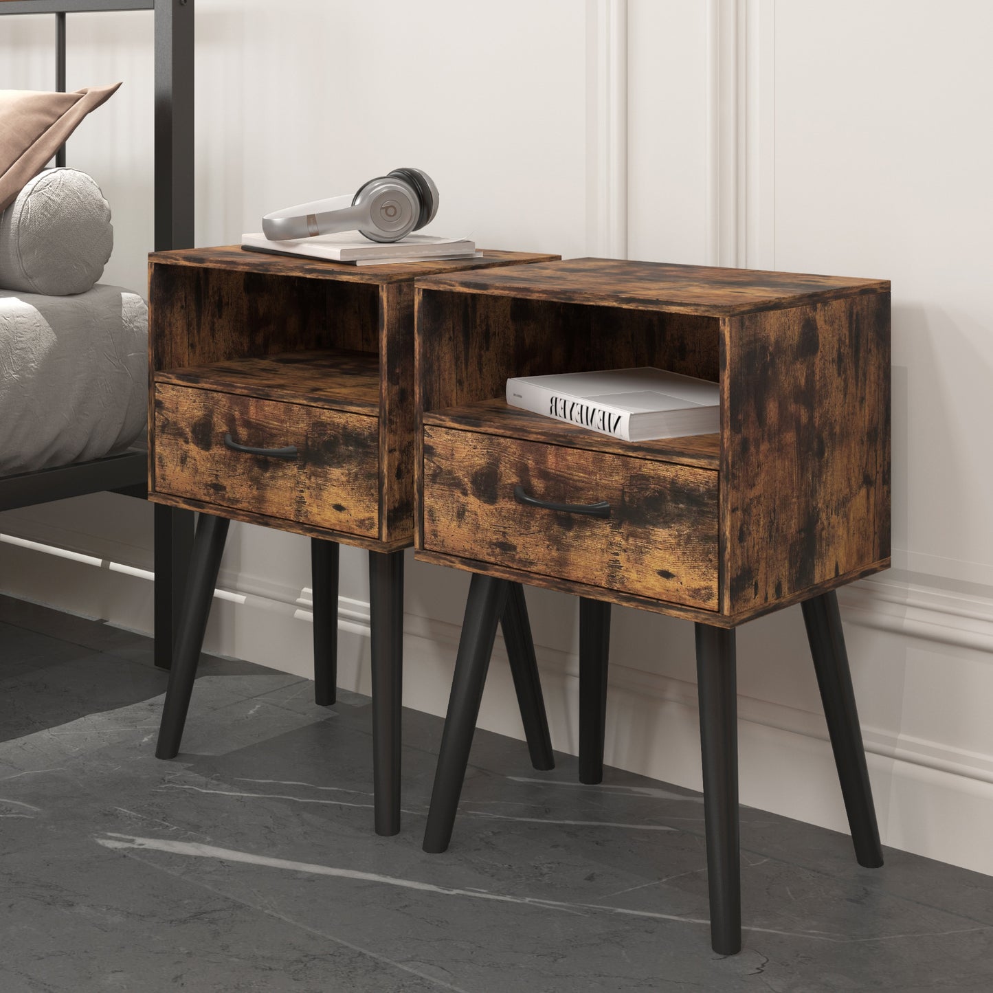 HSUNNS Nightstand Set 2, Modern Bedside Table with Storage Drawer and Open Wood Shelf, Modern Bedroom Bedside Table with Large Storage Space, Easy Assembly