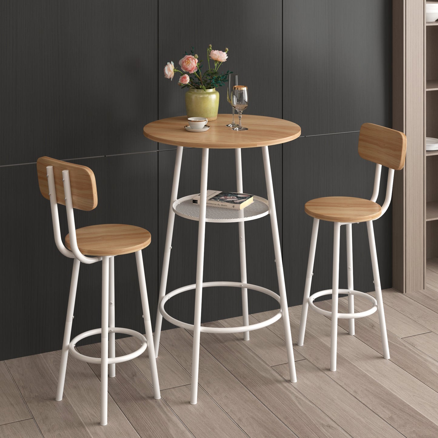 HSUNNS 3 Piece Pub Dining Set, Modern Round Bar Table and Stools with Backrest for 2, Kitchen Counter Height Wood Top Bistro for Breakfast Nook Living Room Apartment Small Space Restaurant, Beige