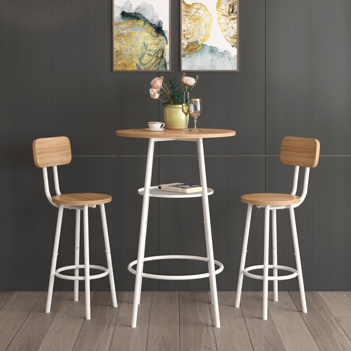 HSUNNS 3 Piece Pub Dining Set, Modern Round Bar Table and Stools with Backrest for 2, Kitchen Counter Height Wood Top Bistro for Breakfast Nook Living Room Apartment Small Space Restaurant, Beige