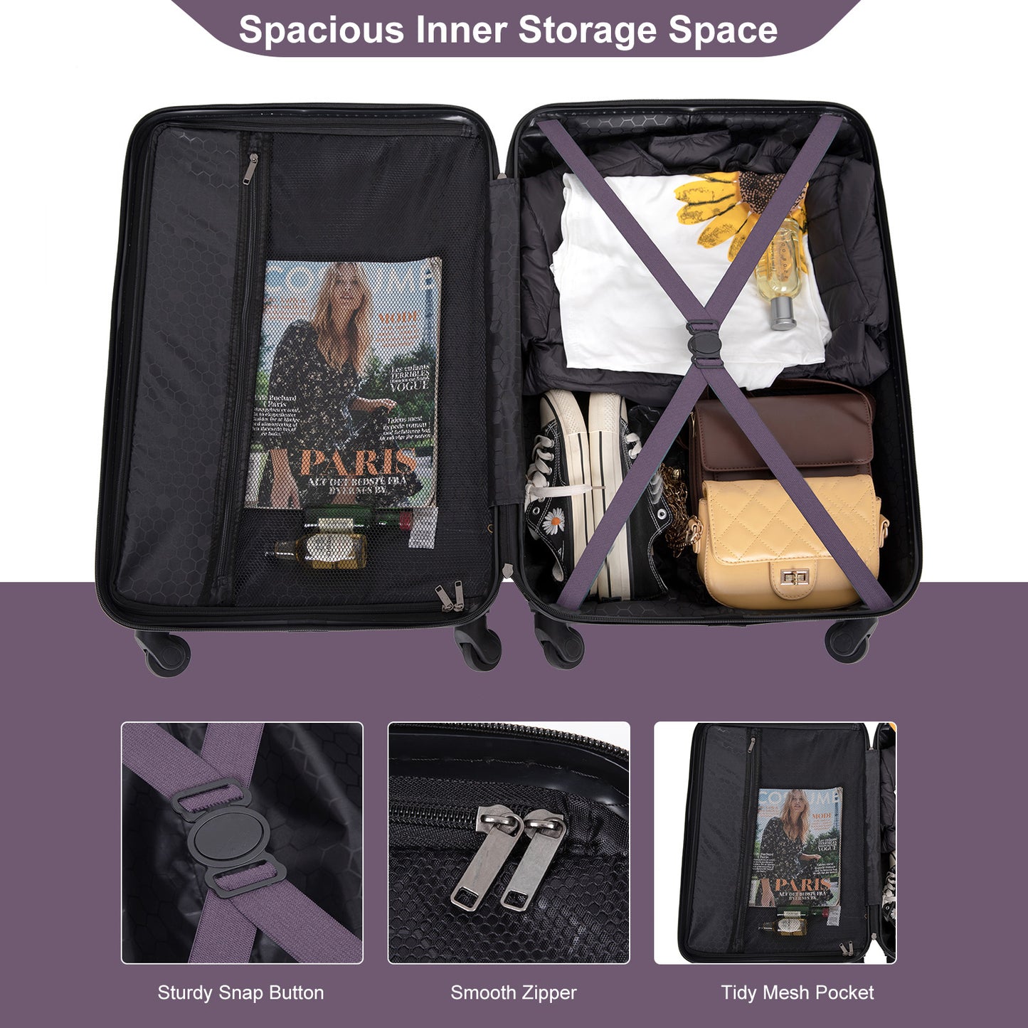 3 Piece Portable Luggage Set, Lightweight Carry on Luggage for Airplane Suitcase Set with Spinner Wheels and TSA Lock for Travel Trips Business, 3-in-1 Portable ABS Trolley Case, 20" 24" 28", Purple