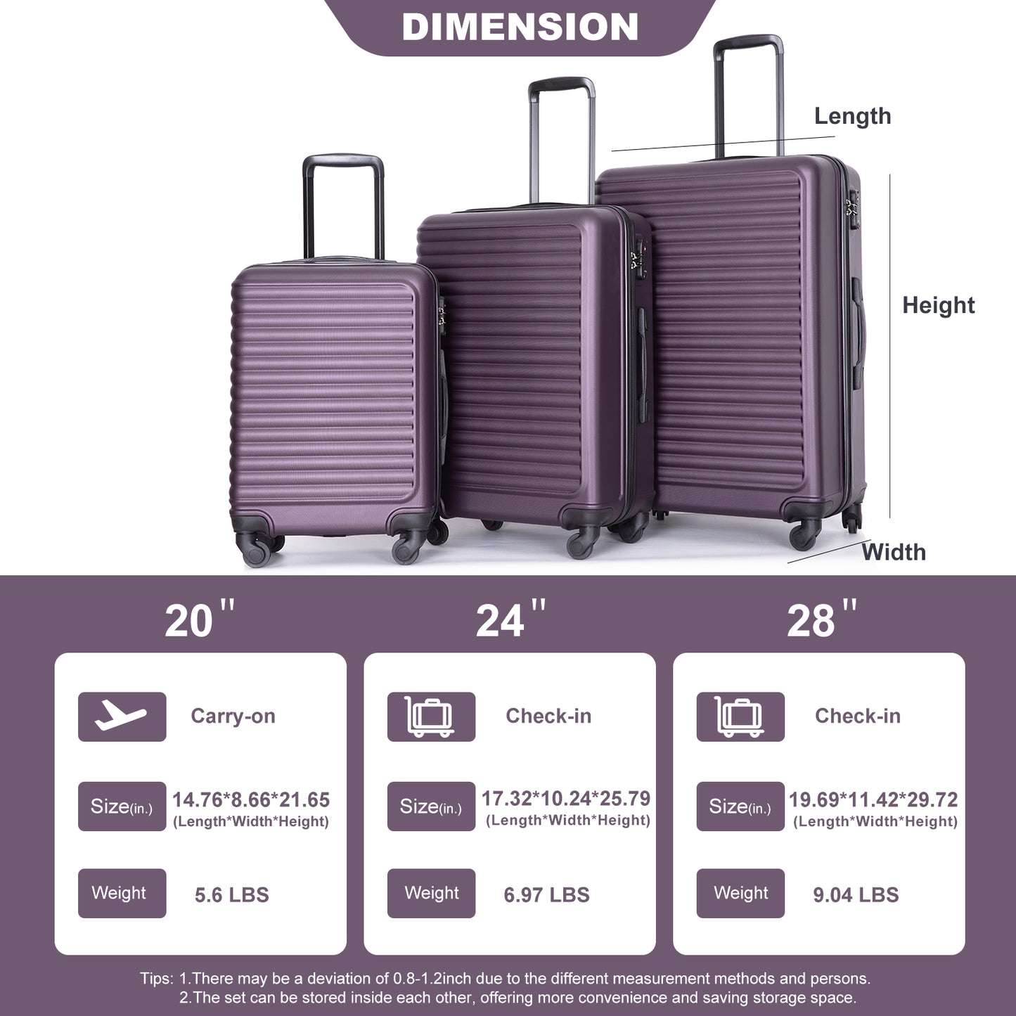 3 Piece Portable Luggage Set, Lightweight Carry on Luggage for Airplane Suitcase Set with Spinner Wheels and TSA Lock for Travel Trips Business, 3-in-1 Portable ABS Trolley Case, 20" 24" 28", Purple